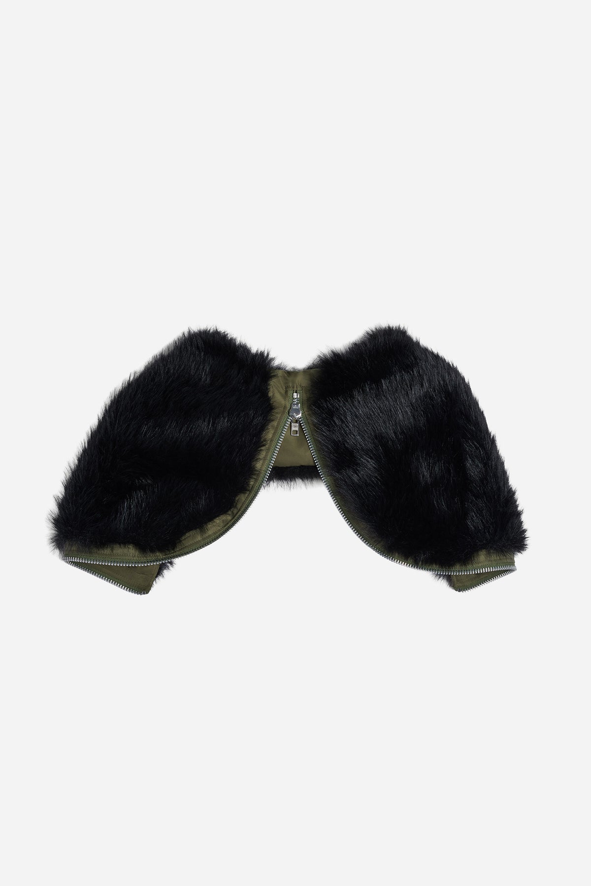 Split Faux Fur Zip Hood Khaki/Black