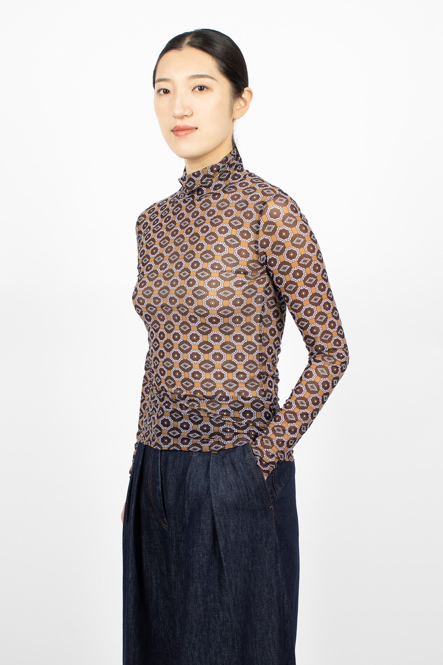 Printed Turtleneck Tee Brown