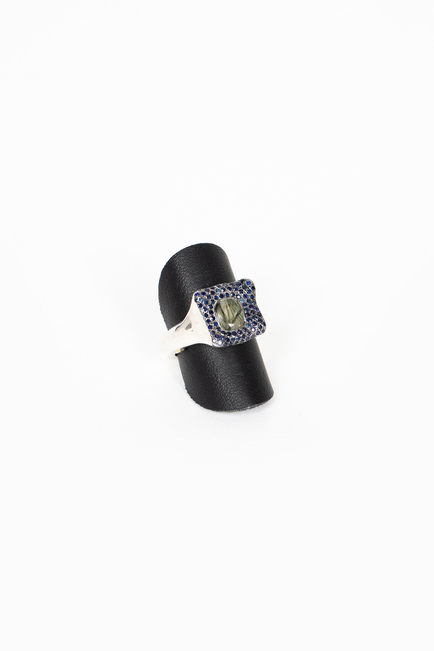 Leslie Ring Green Rutilated Quartz/Blue Sapphire