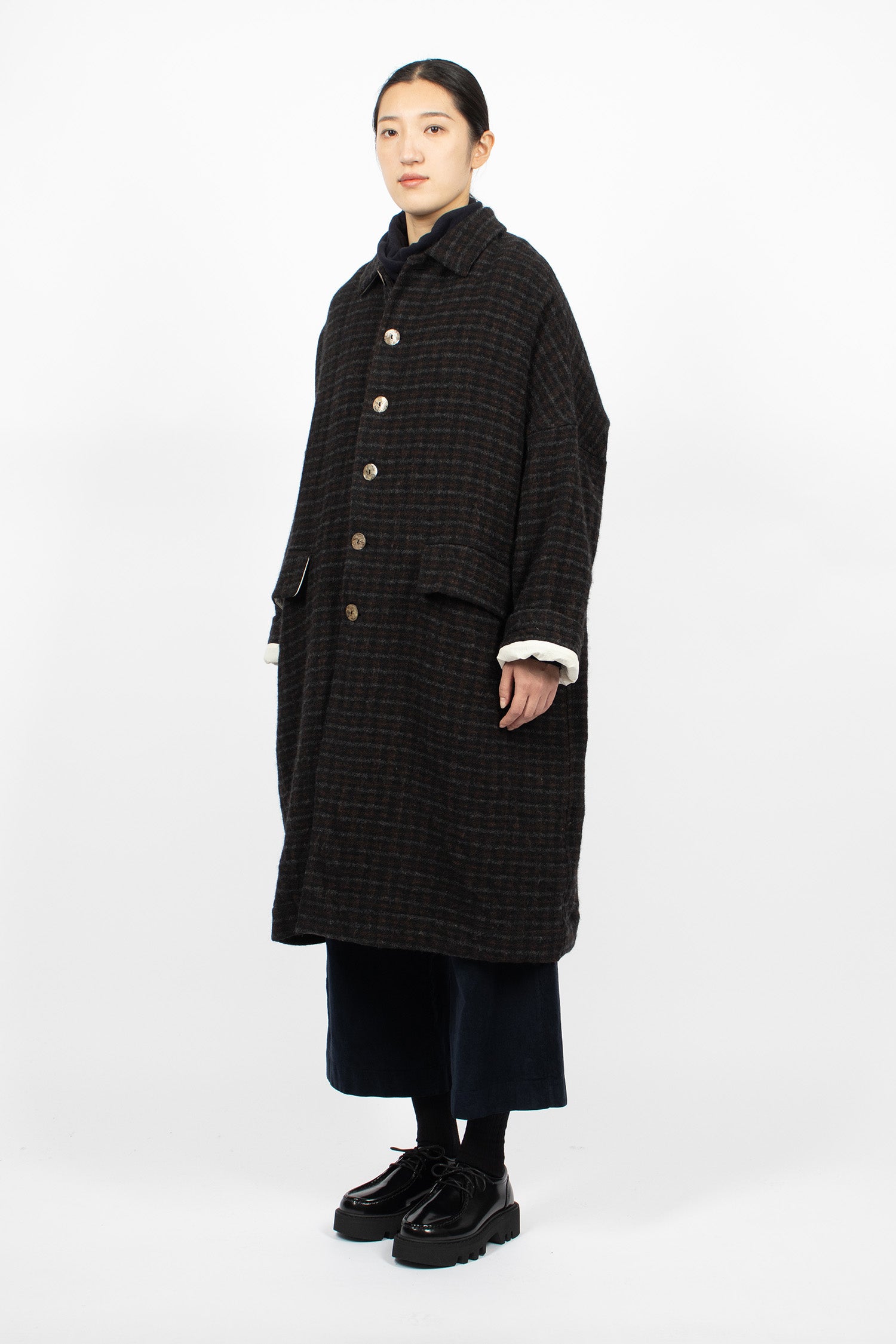 UP#U4553 Upcycled Checked Crash Wool Coat Black