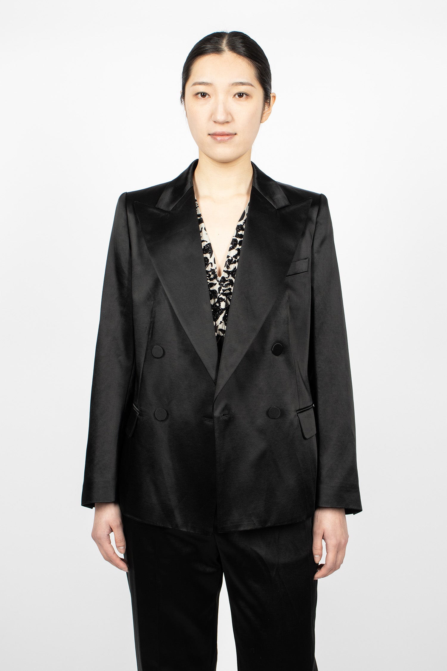 Double-Breasted Satin Blazer Black