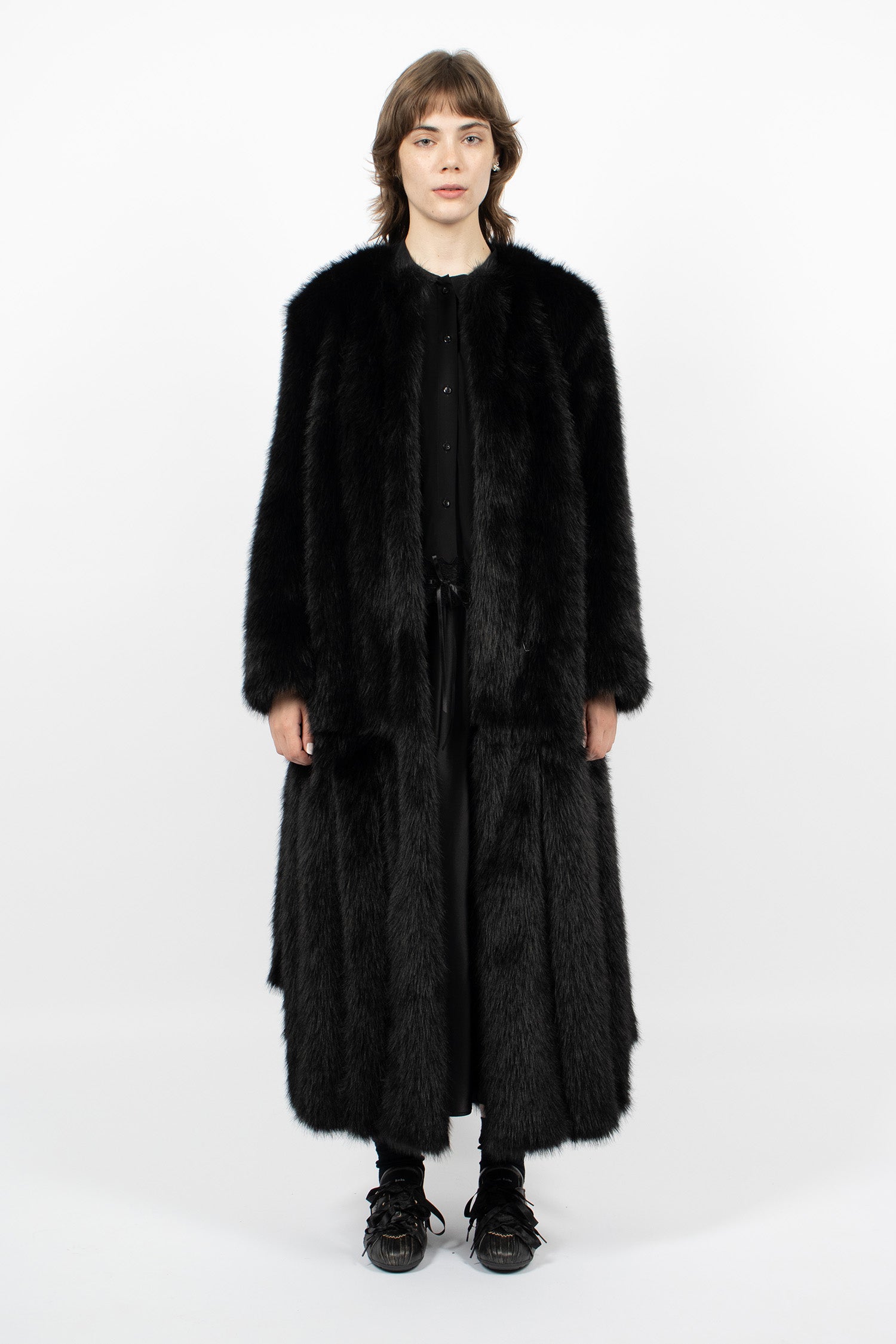 Faux Fur Belted Multi Slit Coat Black