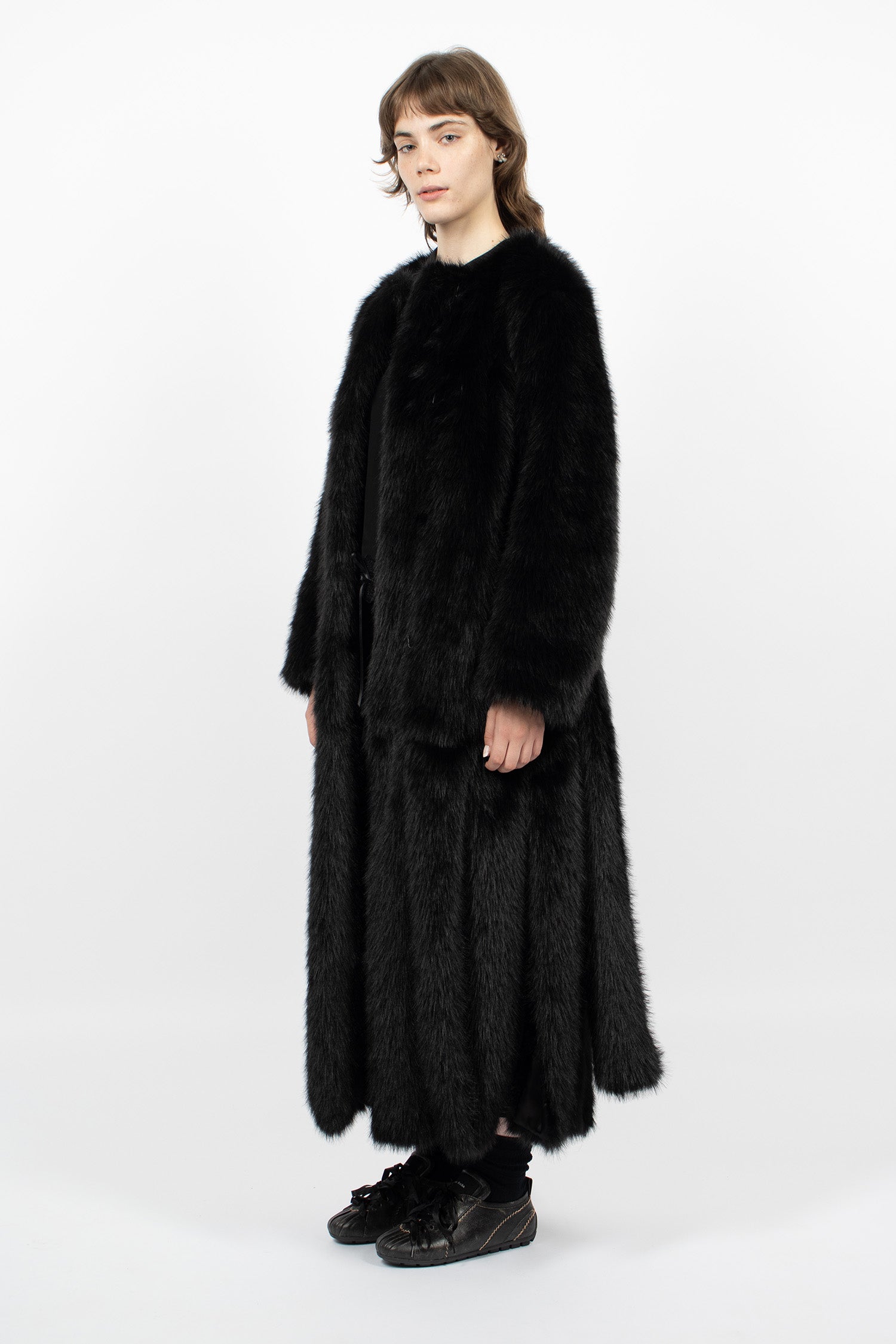 Faux Fur Belted Multi Slit Coat Black