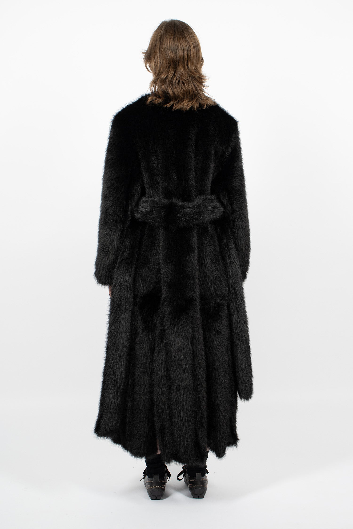 Faux Fur Belted Multi Slit Coat Black