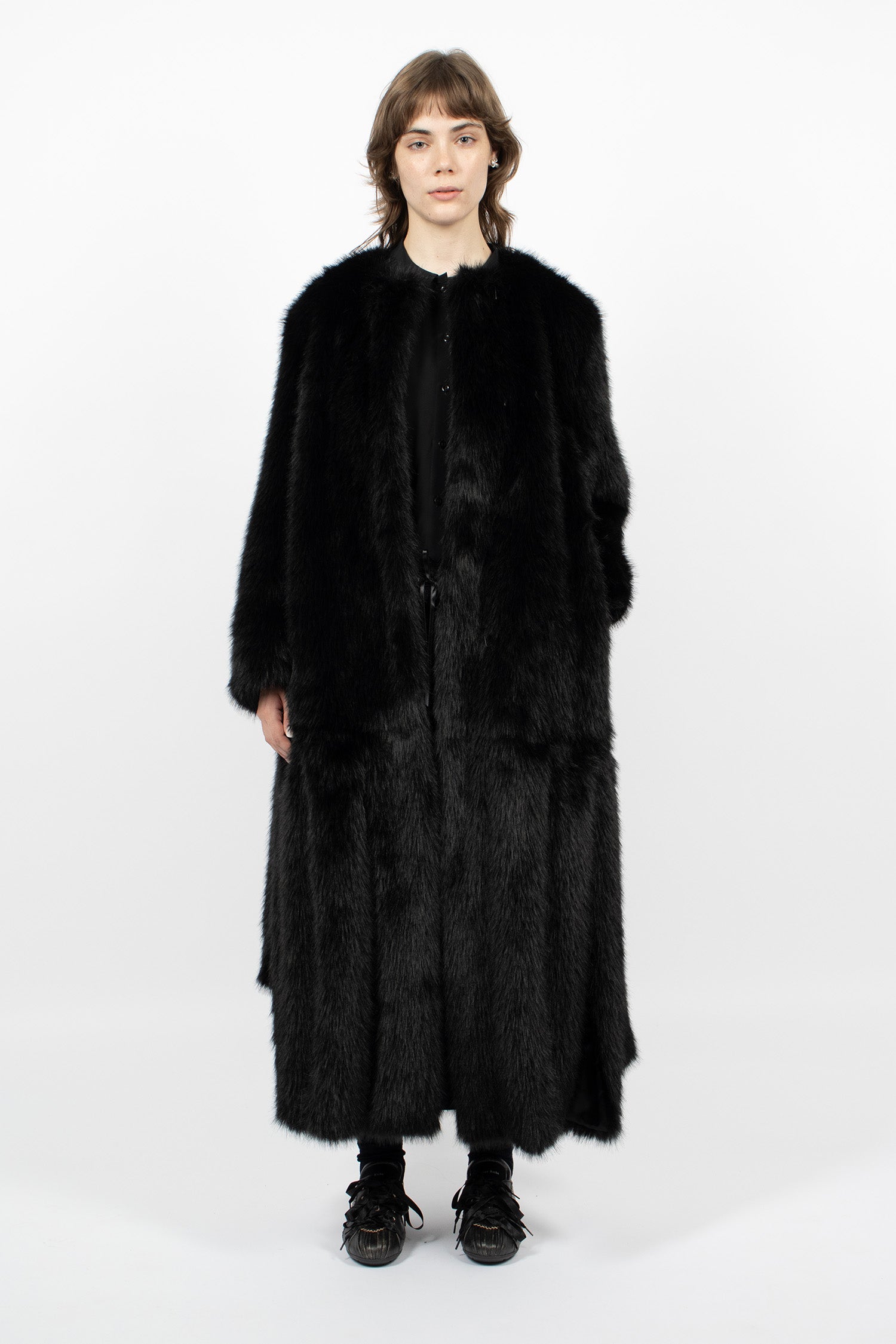 Faux Fur Belted Multi Slit Coat Black
