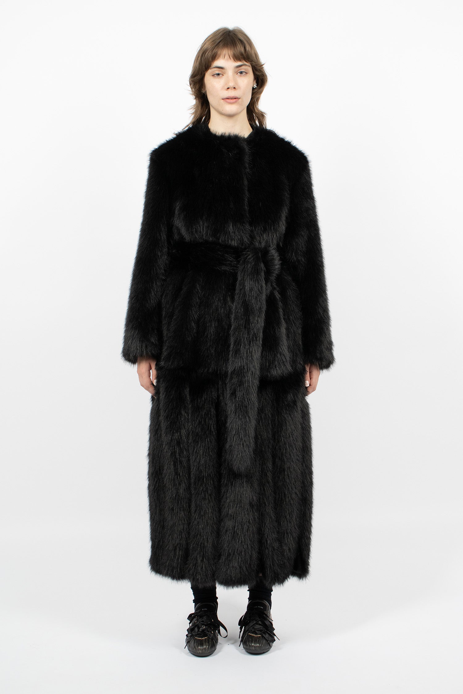 Faux Fur Belted Multi Slit Coat Black