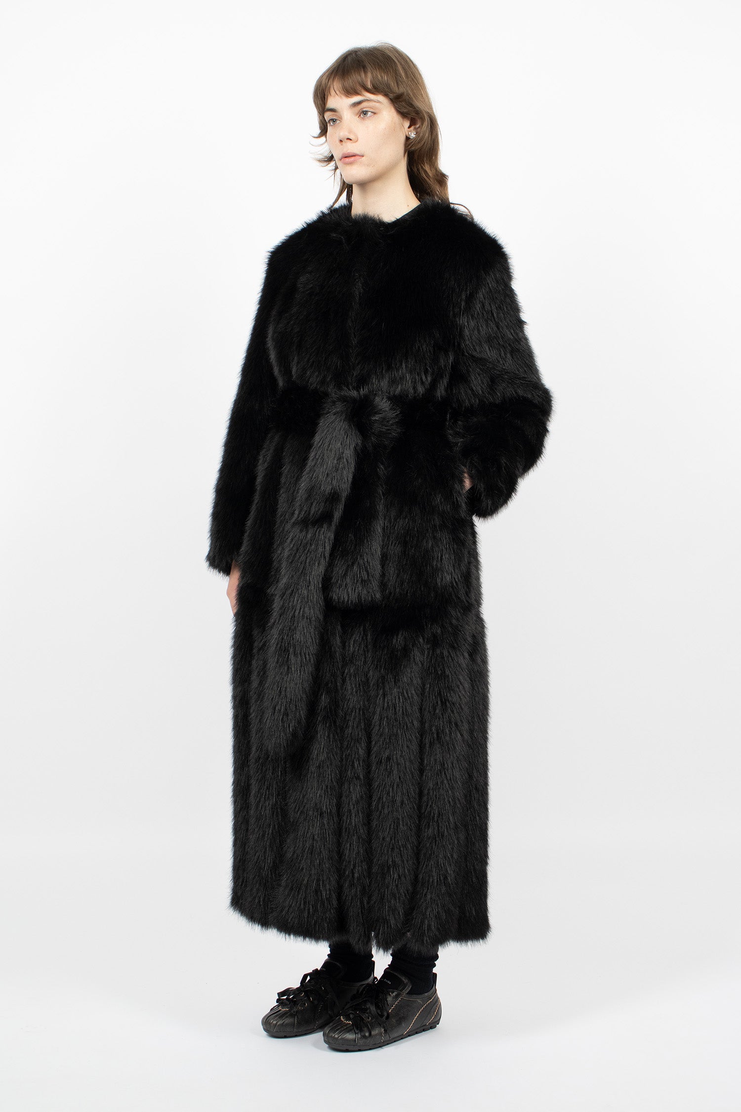 Faux Fur Belted Multi Slit Coat Black