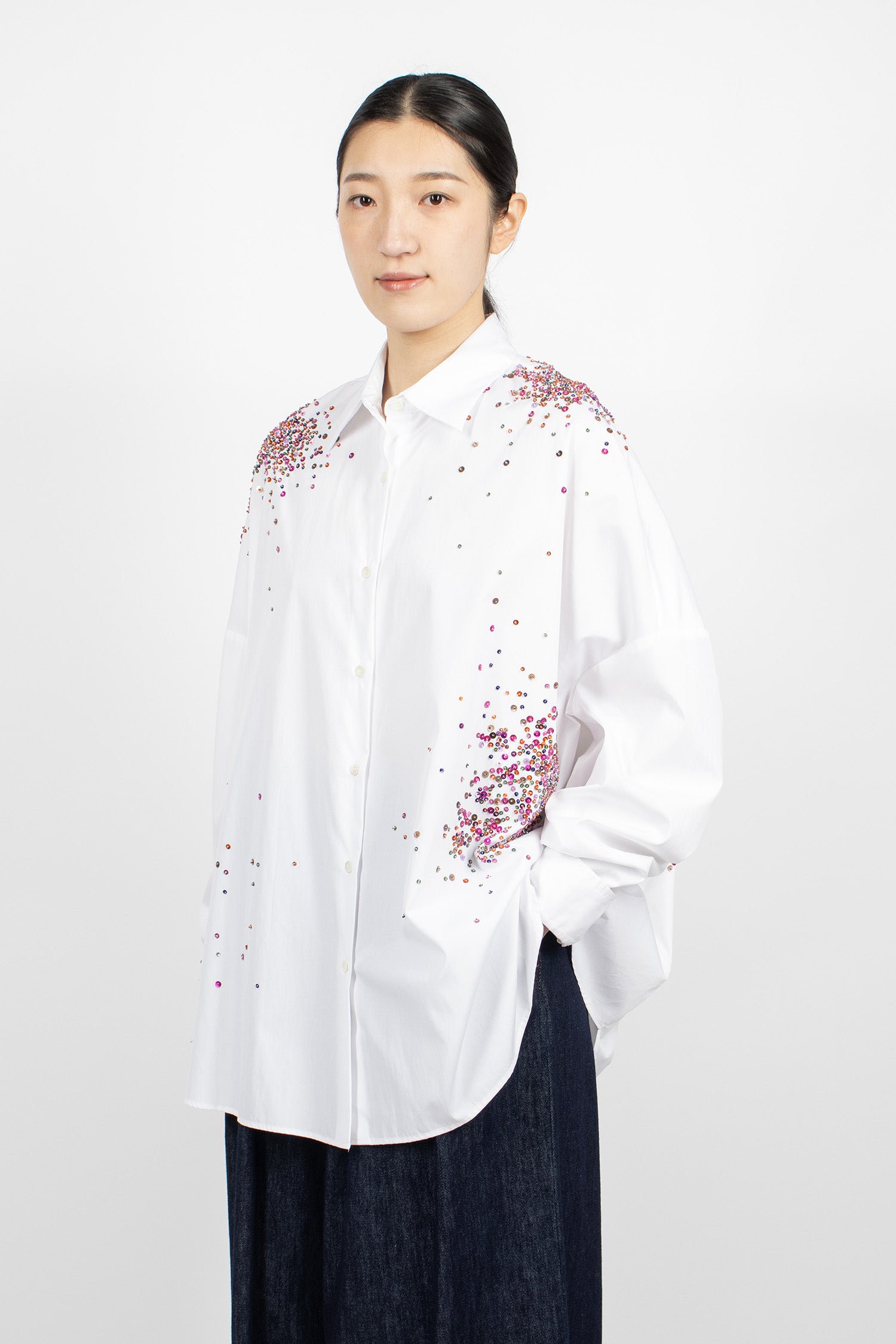 Embellished Oversized Cocoon Shirt White