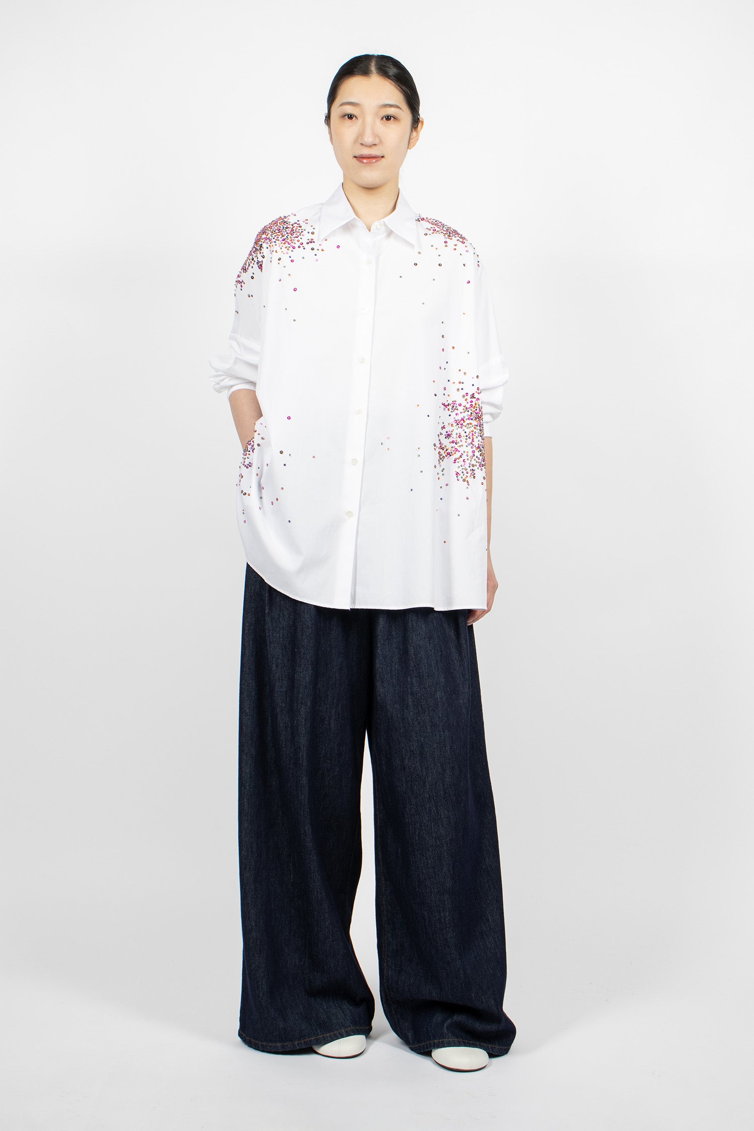 Embellished Oversized Cocoon Shirt White