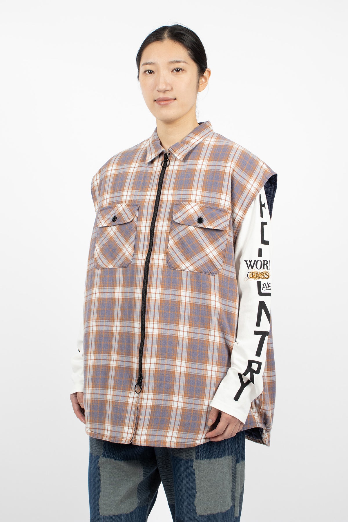 Flannel Check x Quilting Vest Navy