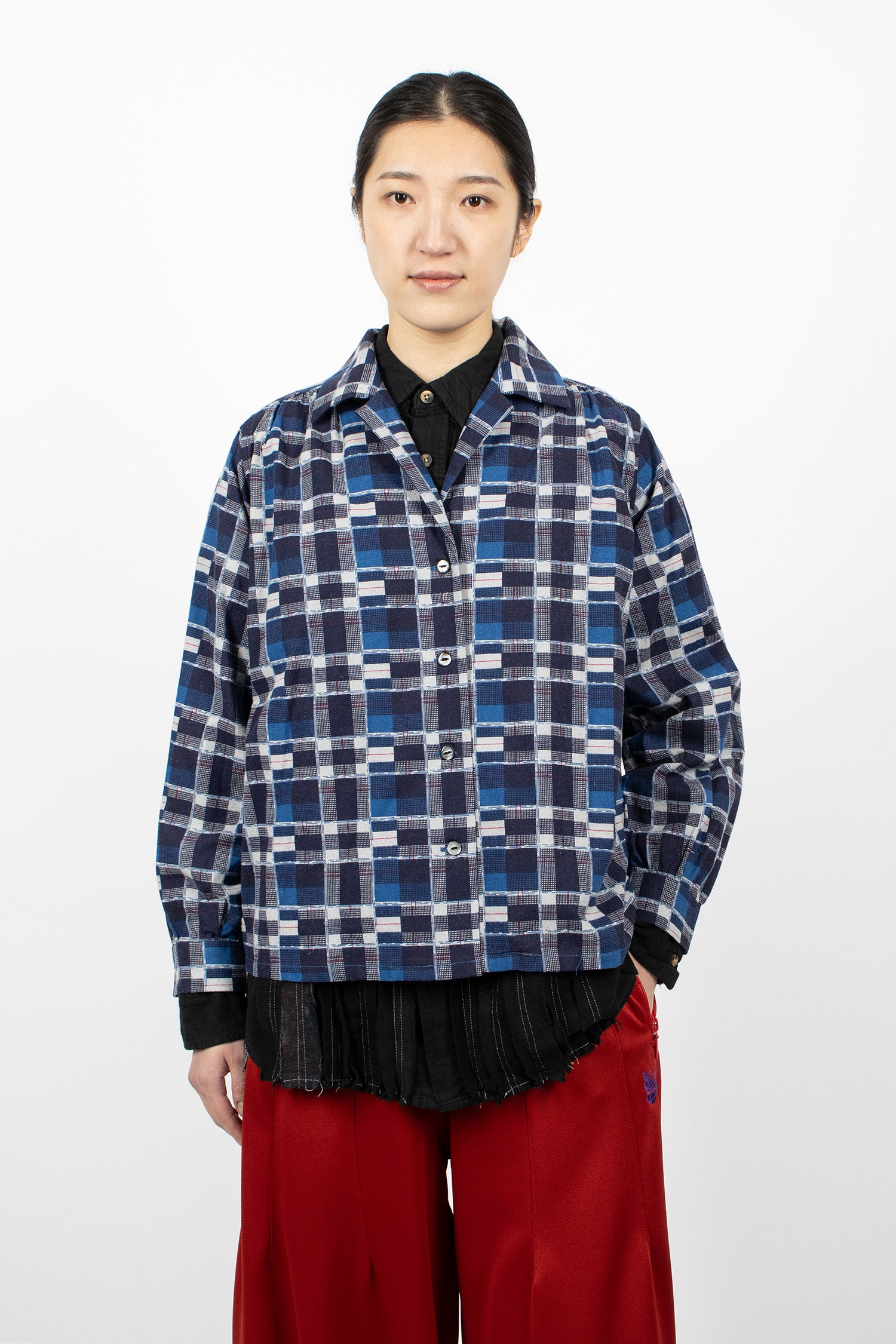 Gathered Flannel Blouse Navy/Plaid