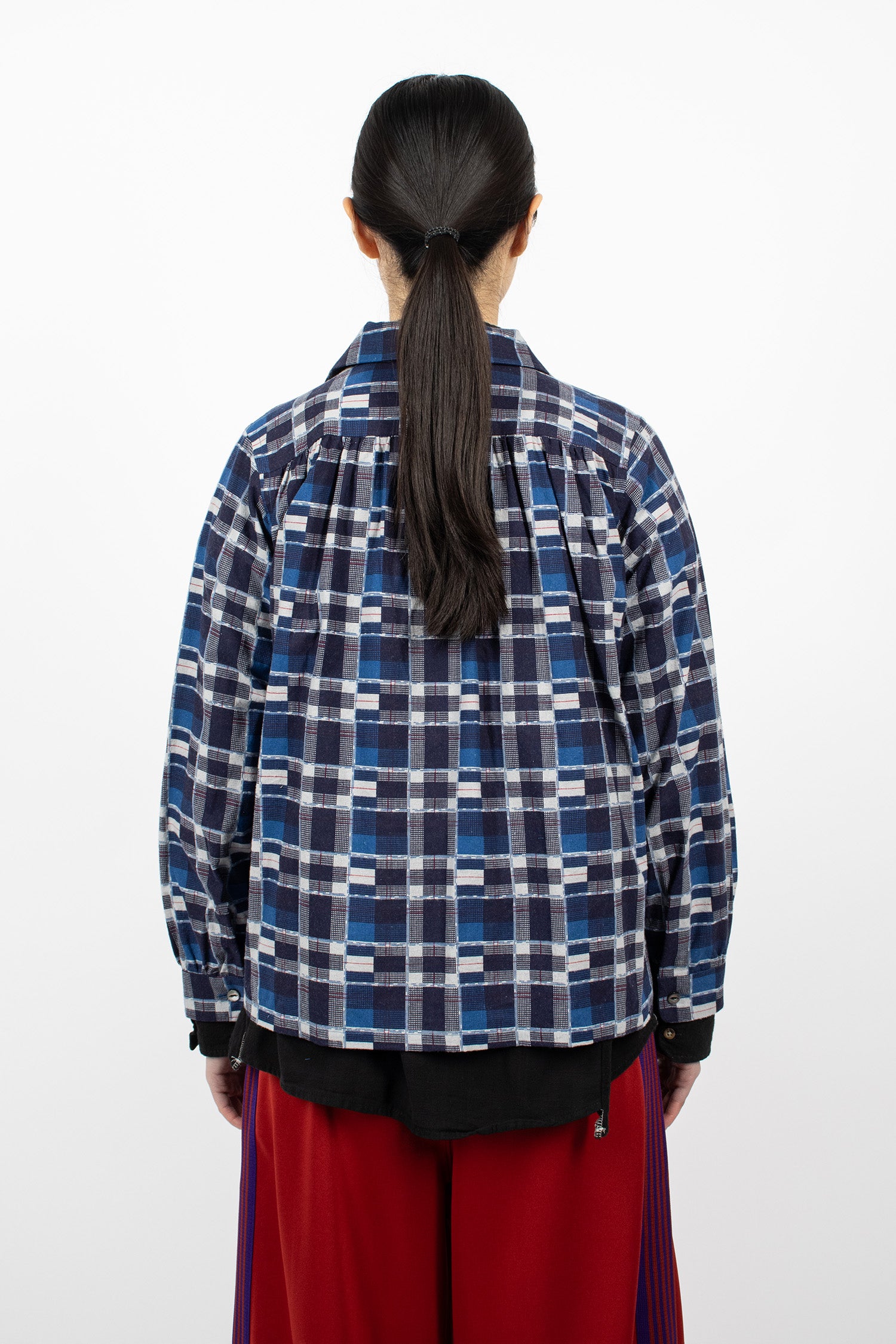 Gathered Flannel Blouse Navy/Plaid
