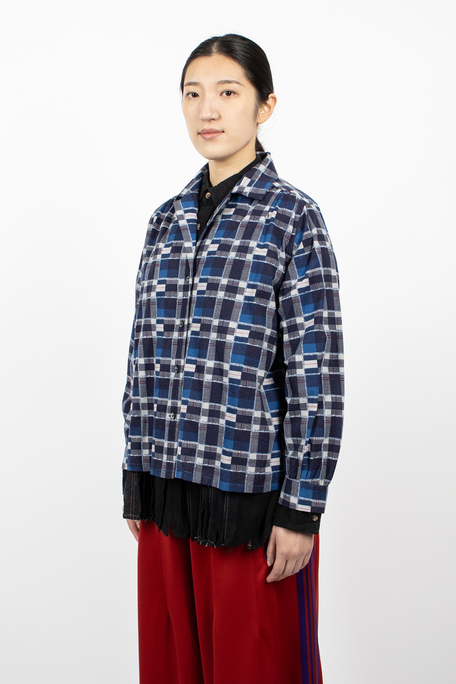 Gathered Flannel Blouse Navy/Plaid