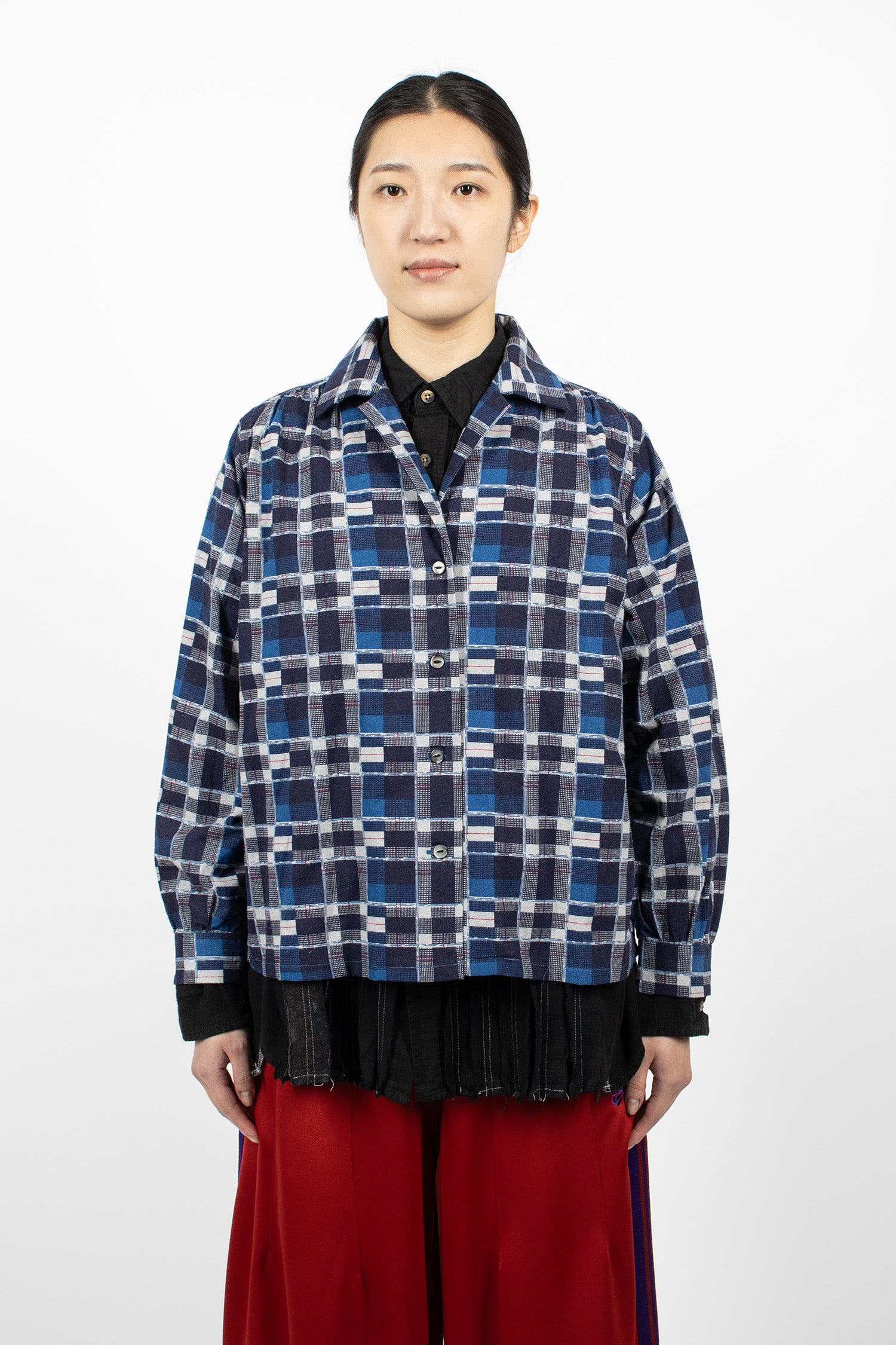 Gathered Flannel Blouse Navy/Plaid