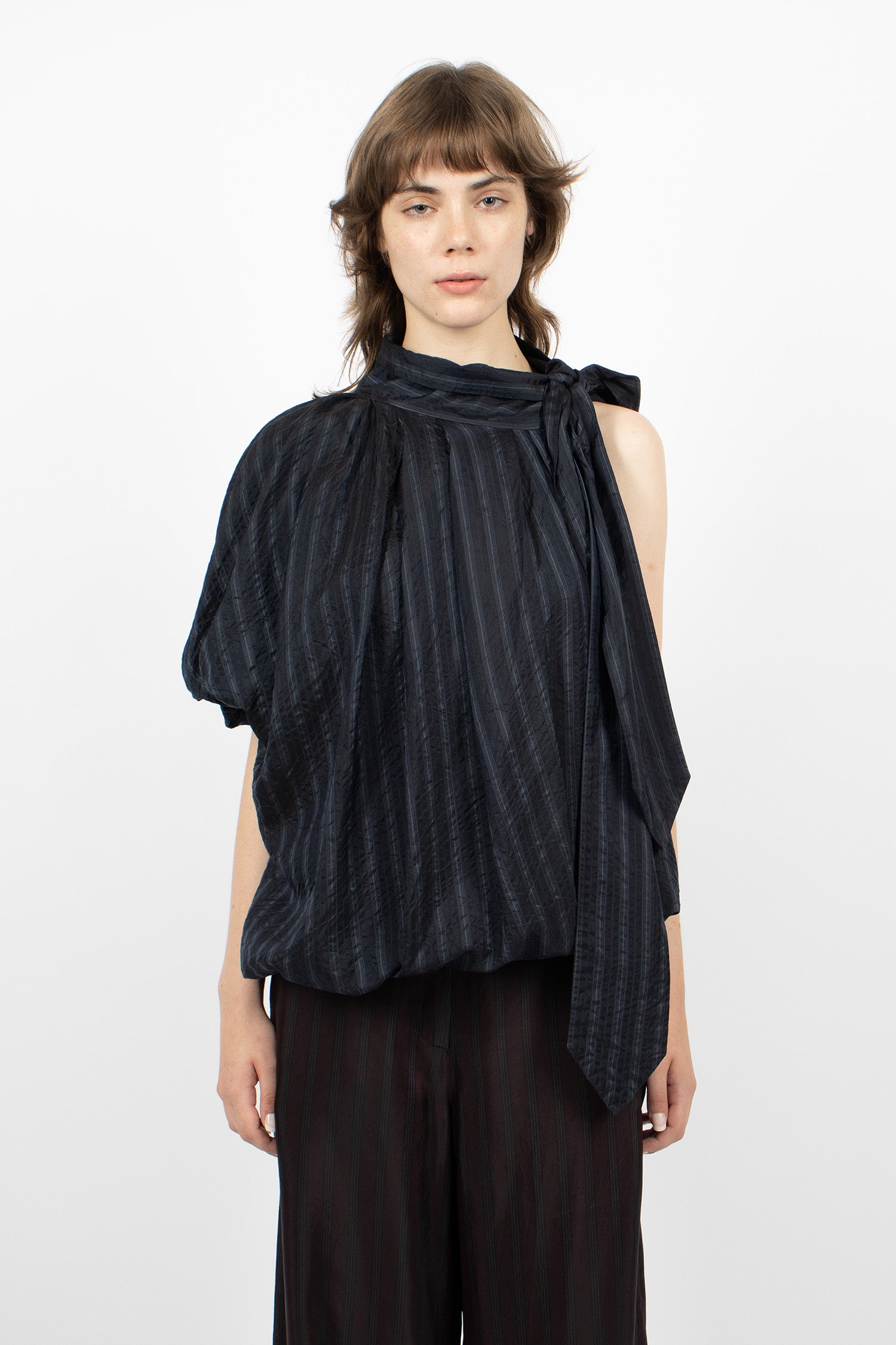 Asymmetrical Pleated Blouse Navy