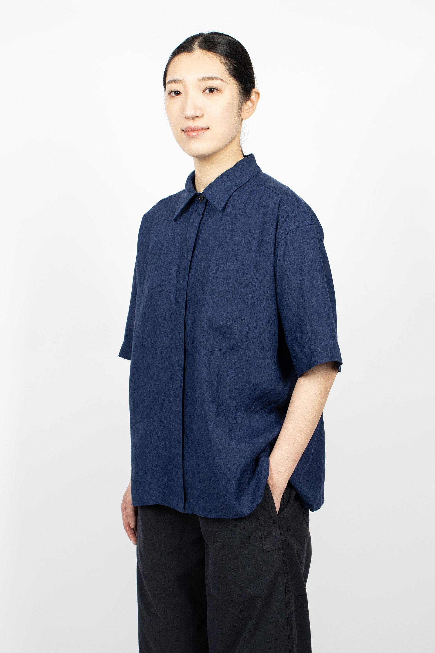 Short Sleeve Fly Placket Shirt Deep Blue