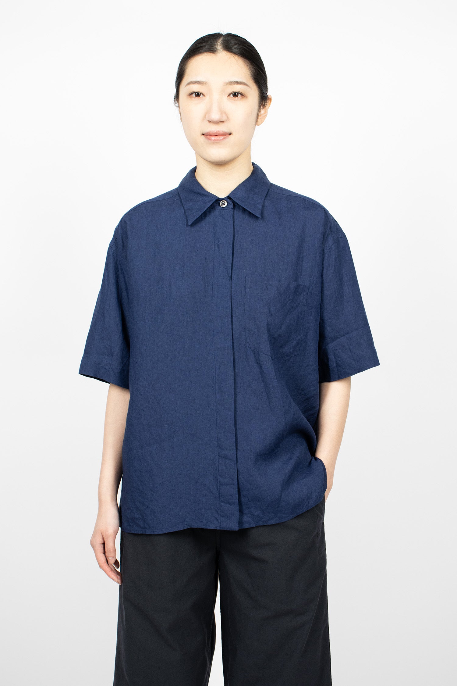 Short Sleeve Fly Placket Shirt Deep Blue