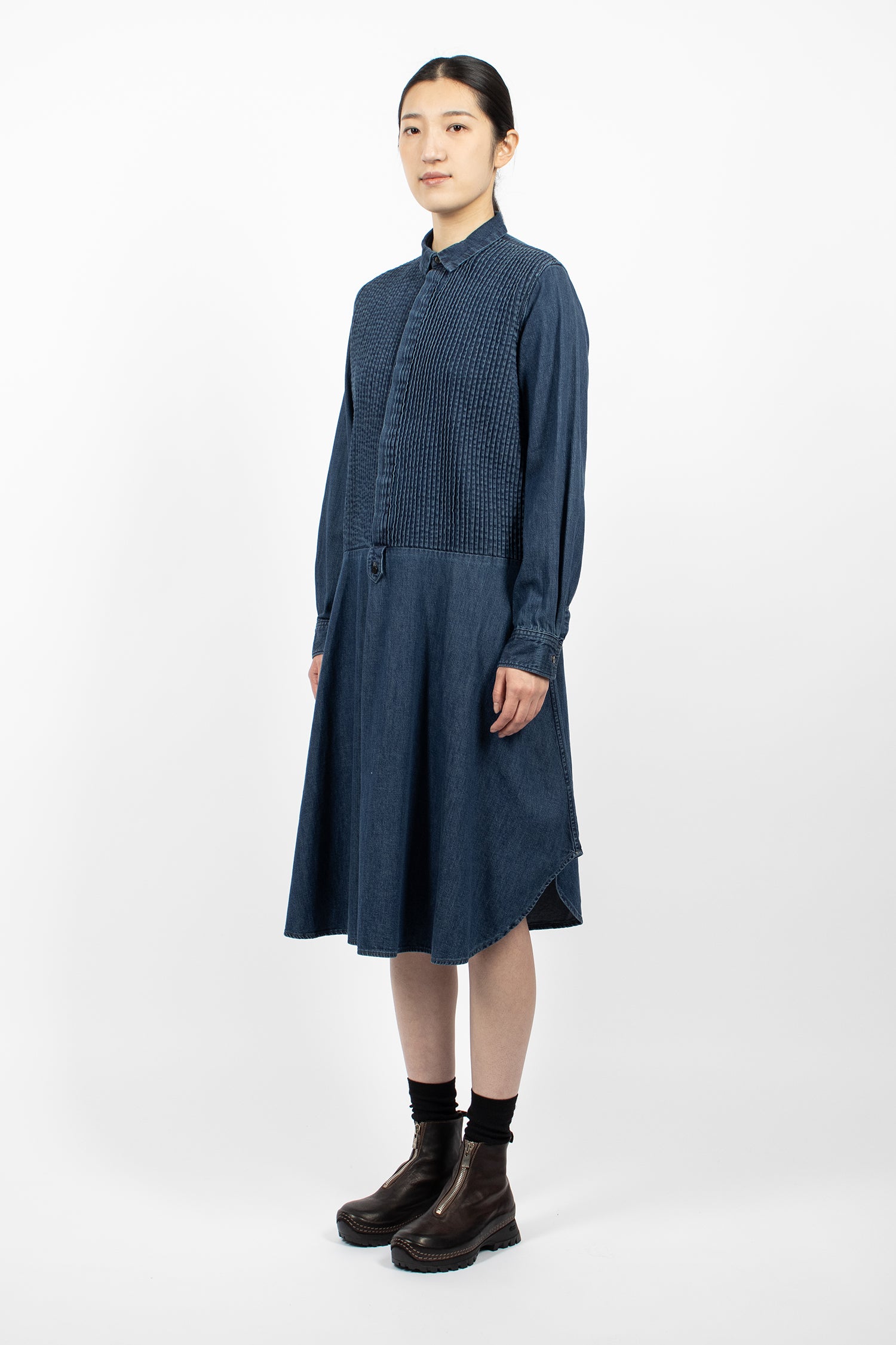 Pintuck Denim Shirt Dress Indigo
