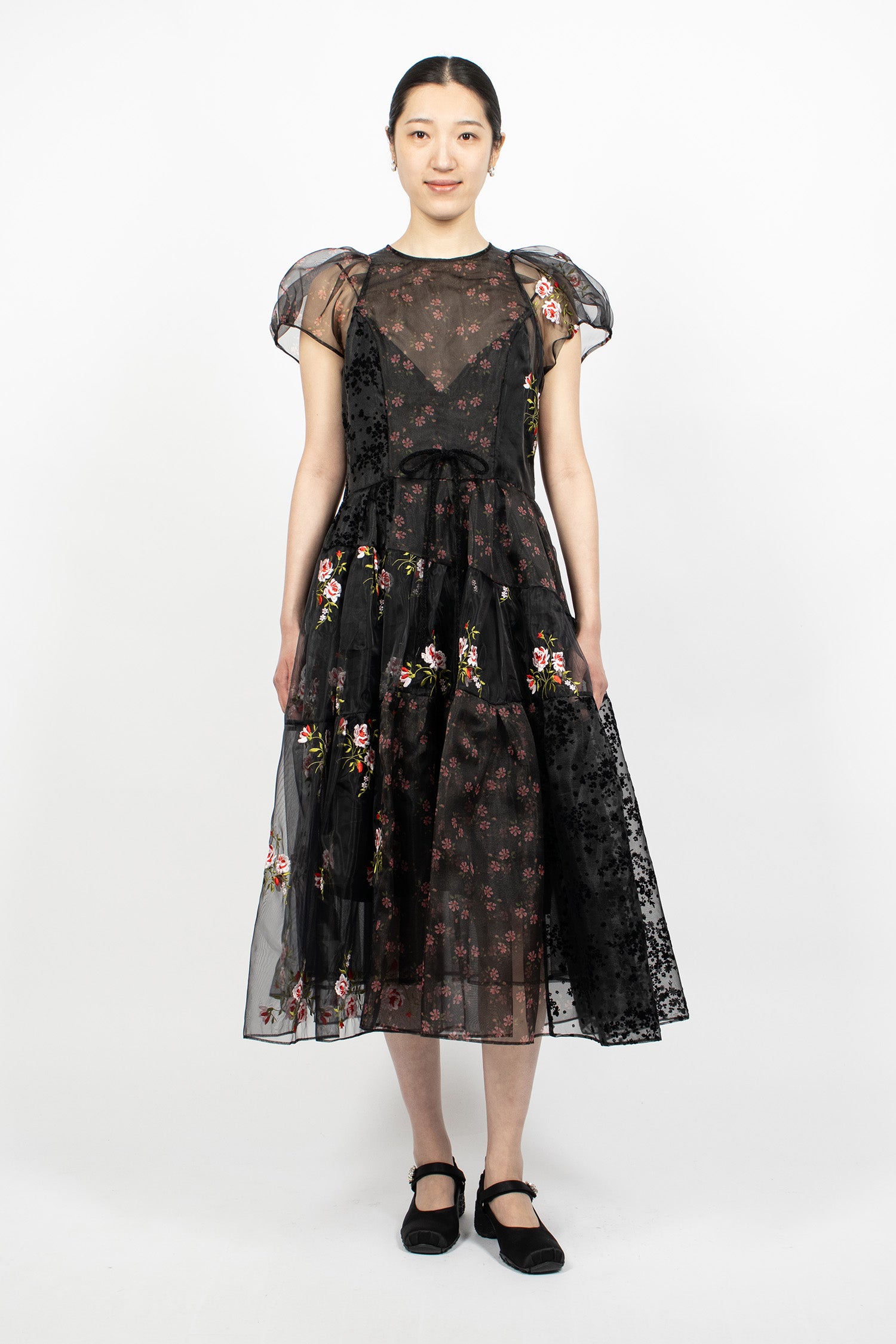 calvin klein printed a line dress Sheer Puff Sleeve Patchwork Flounce Dress Black Patchwork/Black