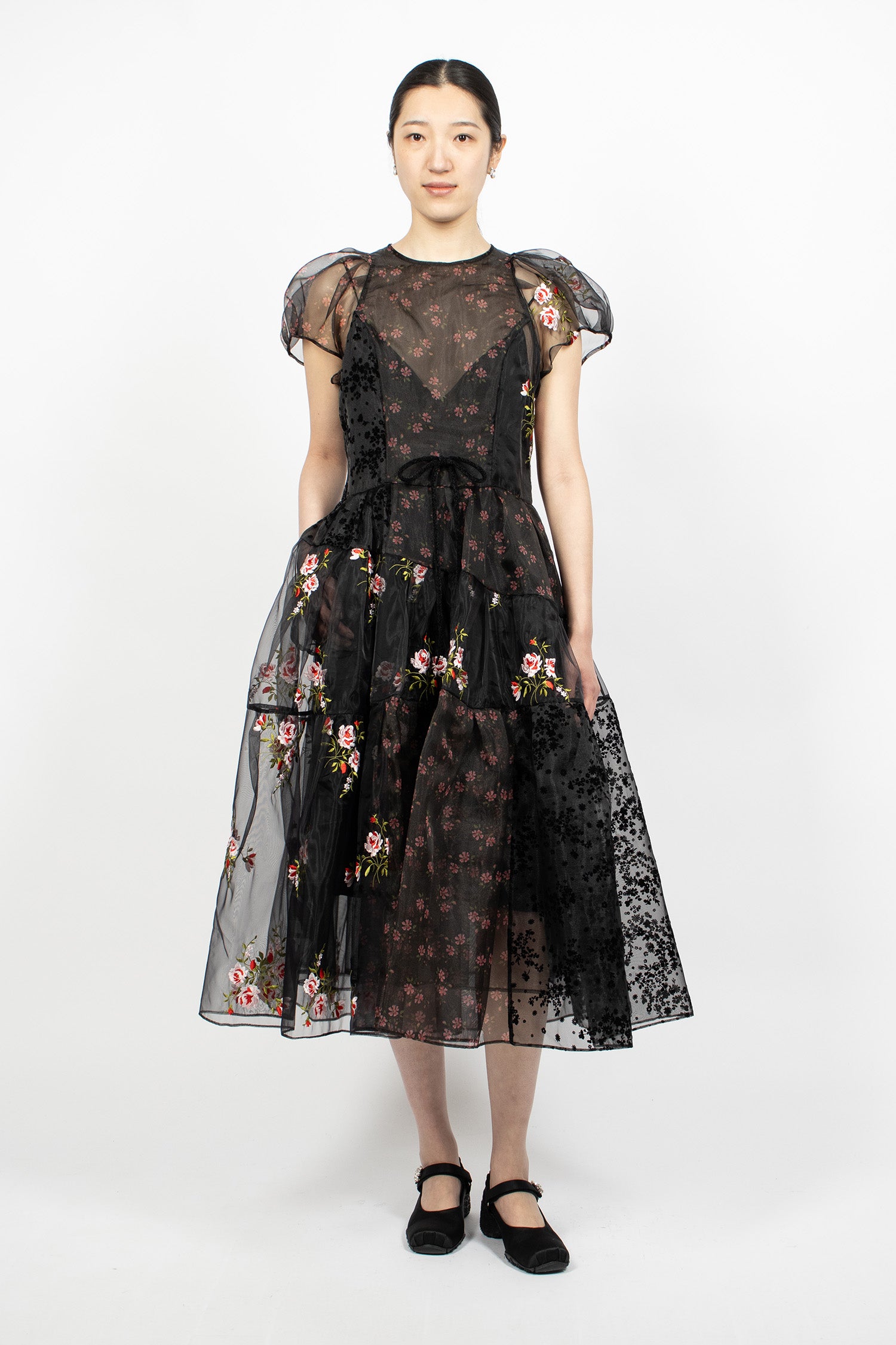 Sheer Puff Sleeve Patchwork Flounce Dress Black Patchwork/Black