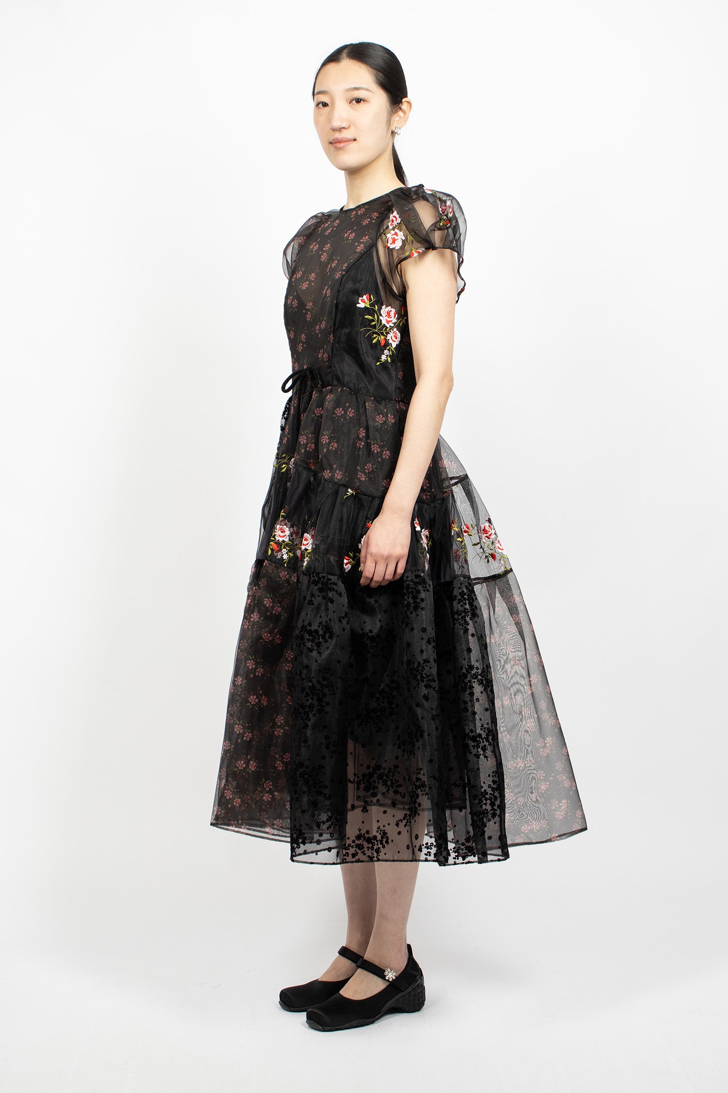 Sheer Puff Sleeve Patchwork Flounce Dress Black Patchwork/Black