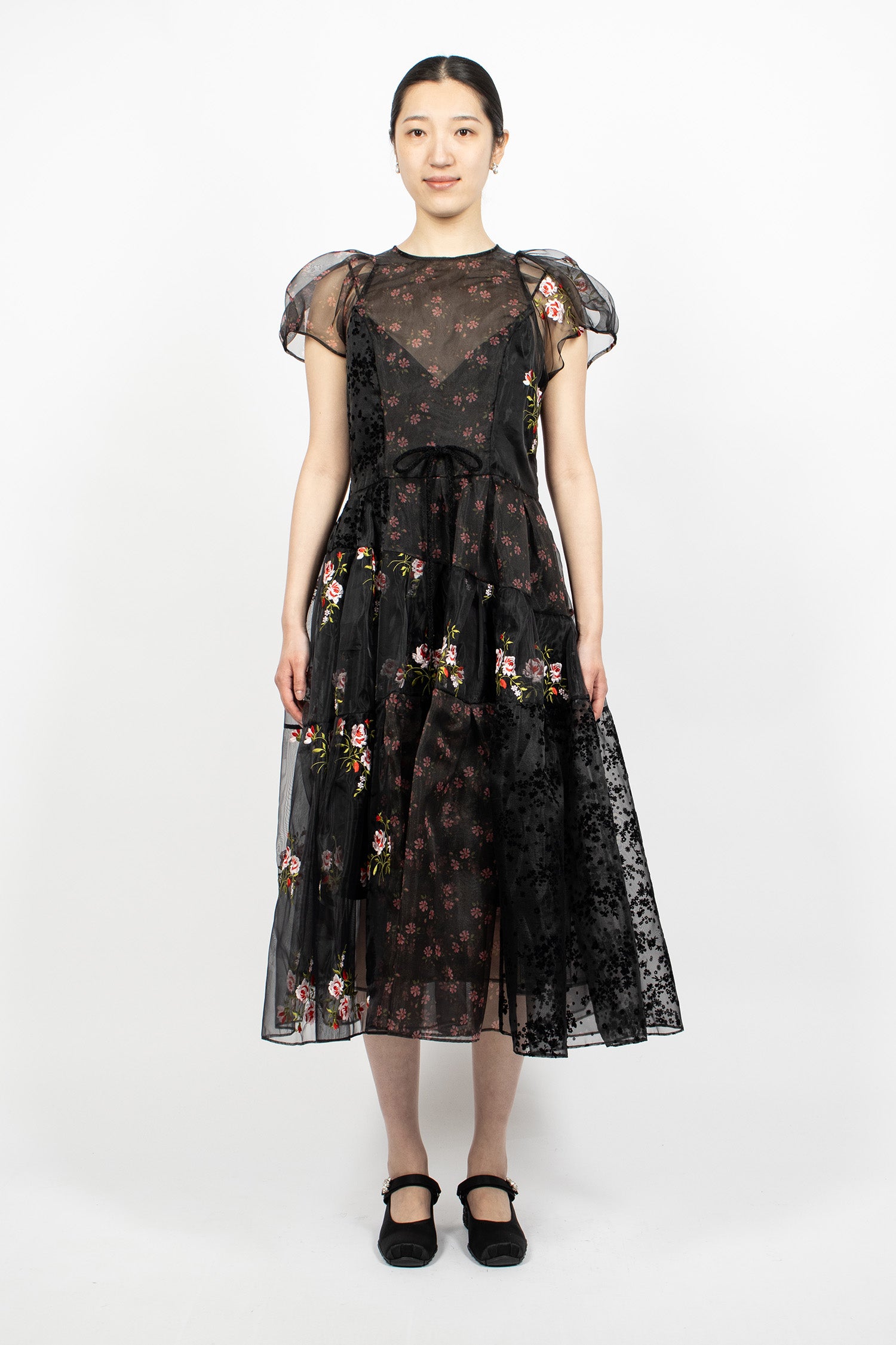 Sheer Puff Sleeve Patchwork Flounce Dress Black Patchwork/Black