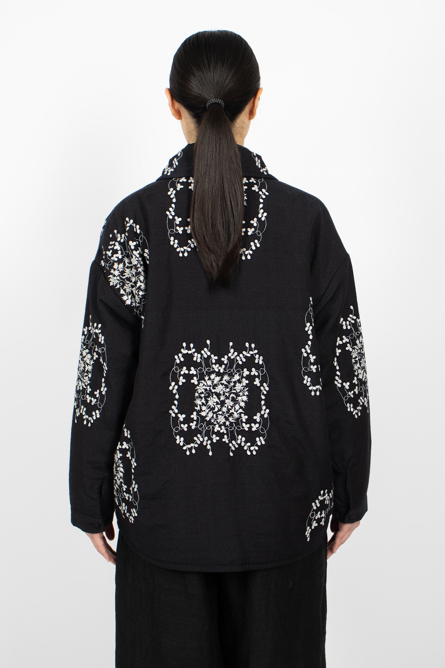 Padded Emblem Flower Embroidered Blouson Black Navy