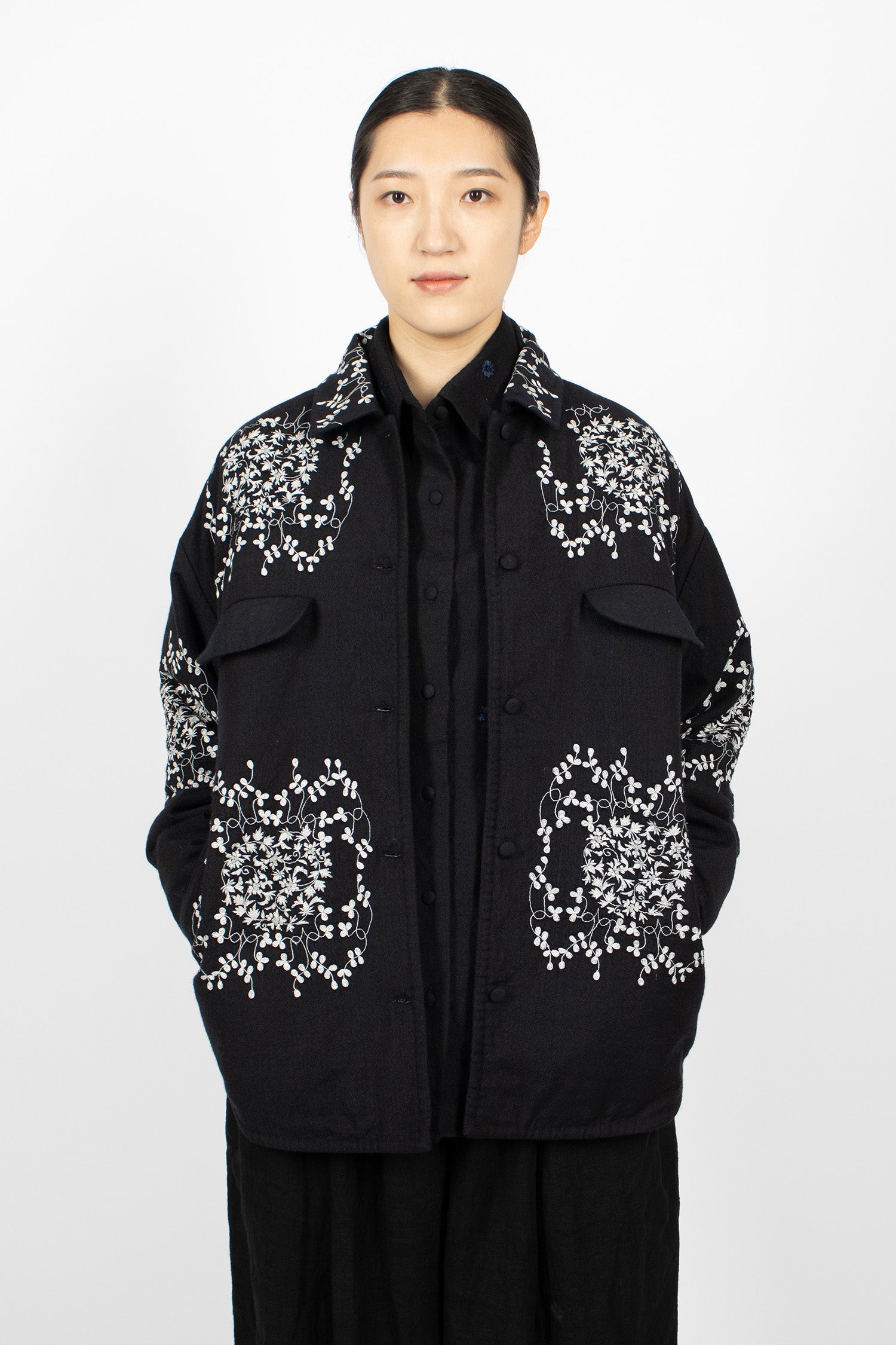 Padded Emblem Flower Embroidered Blouson Black Navy