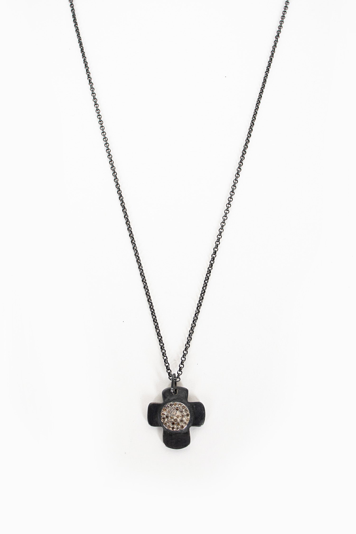 Hellenica Cross Necklace Oxidised Silver/Cognac Diamond