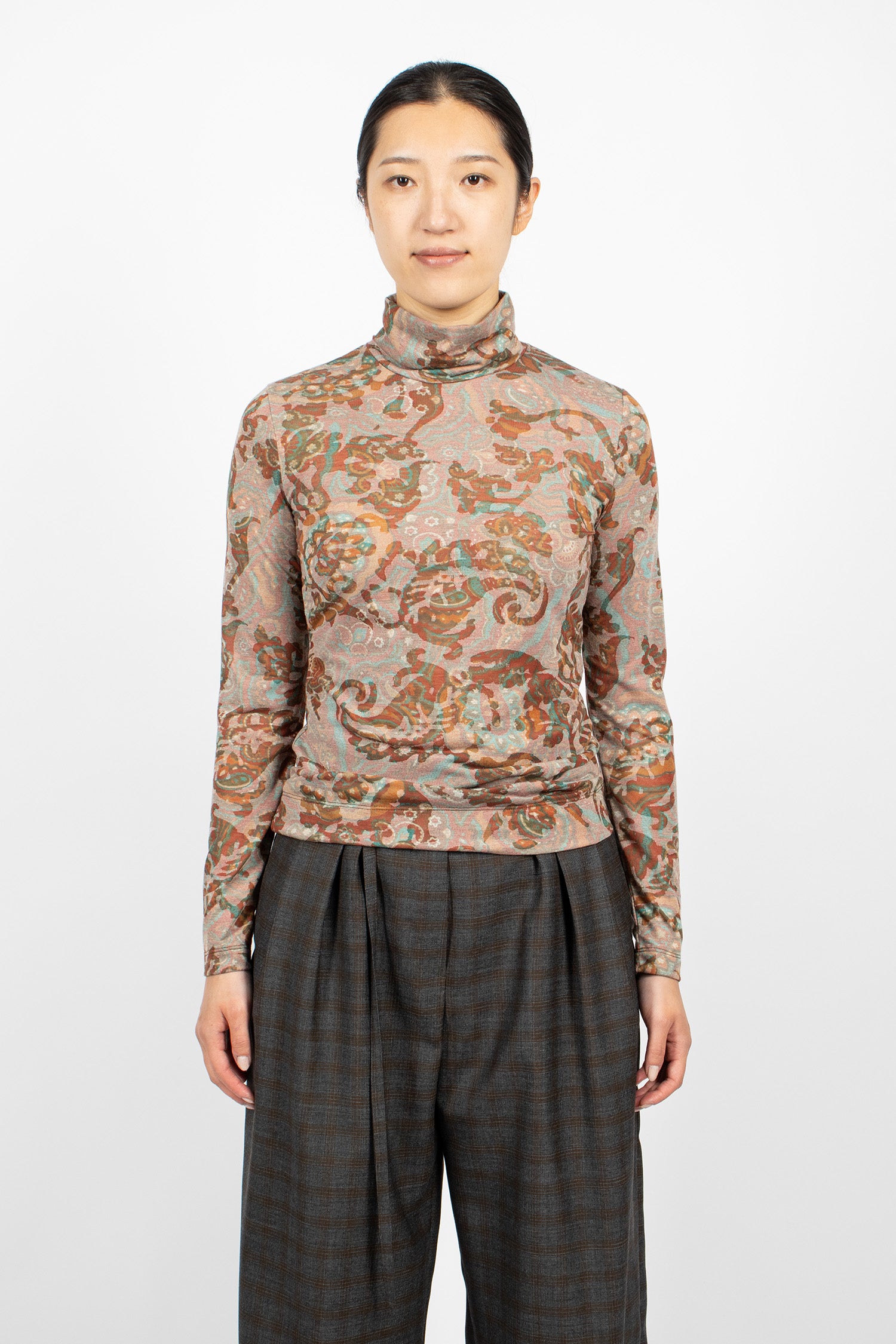 Printed Turtleneck Jersey Tee Brown