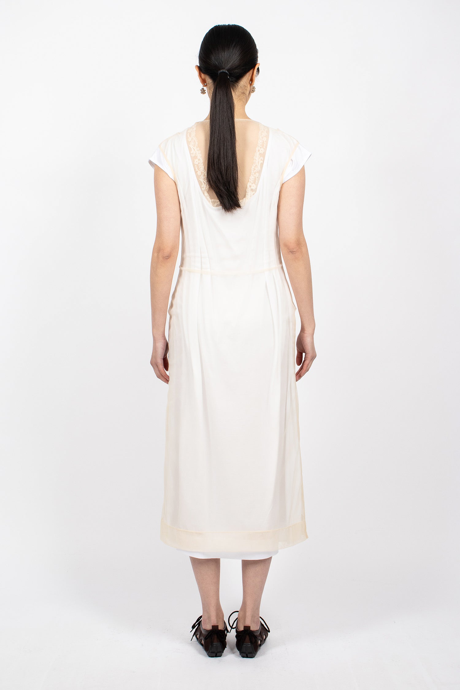 Layered Liquid Cap Sleeve Lace Trim Dress White/Nude
