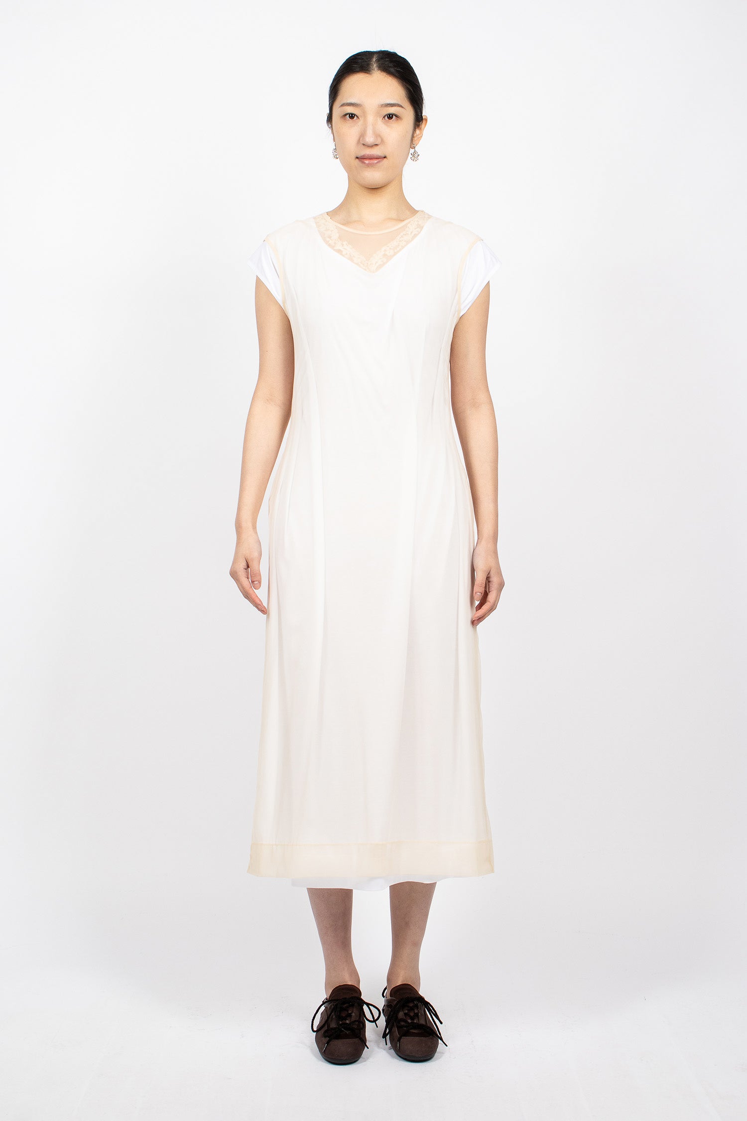 Layered Liquid Cap Sleeve Lace Trim Dress White/Nude