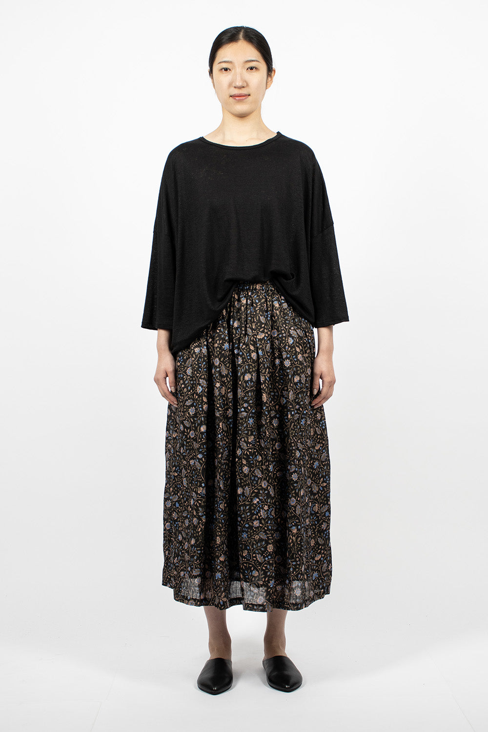 Linen Floral Pattern Skirt Black