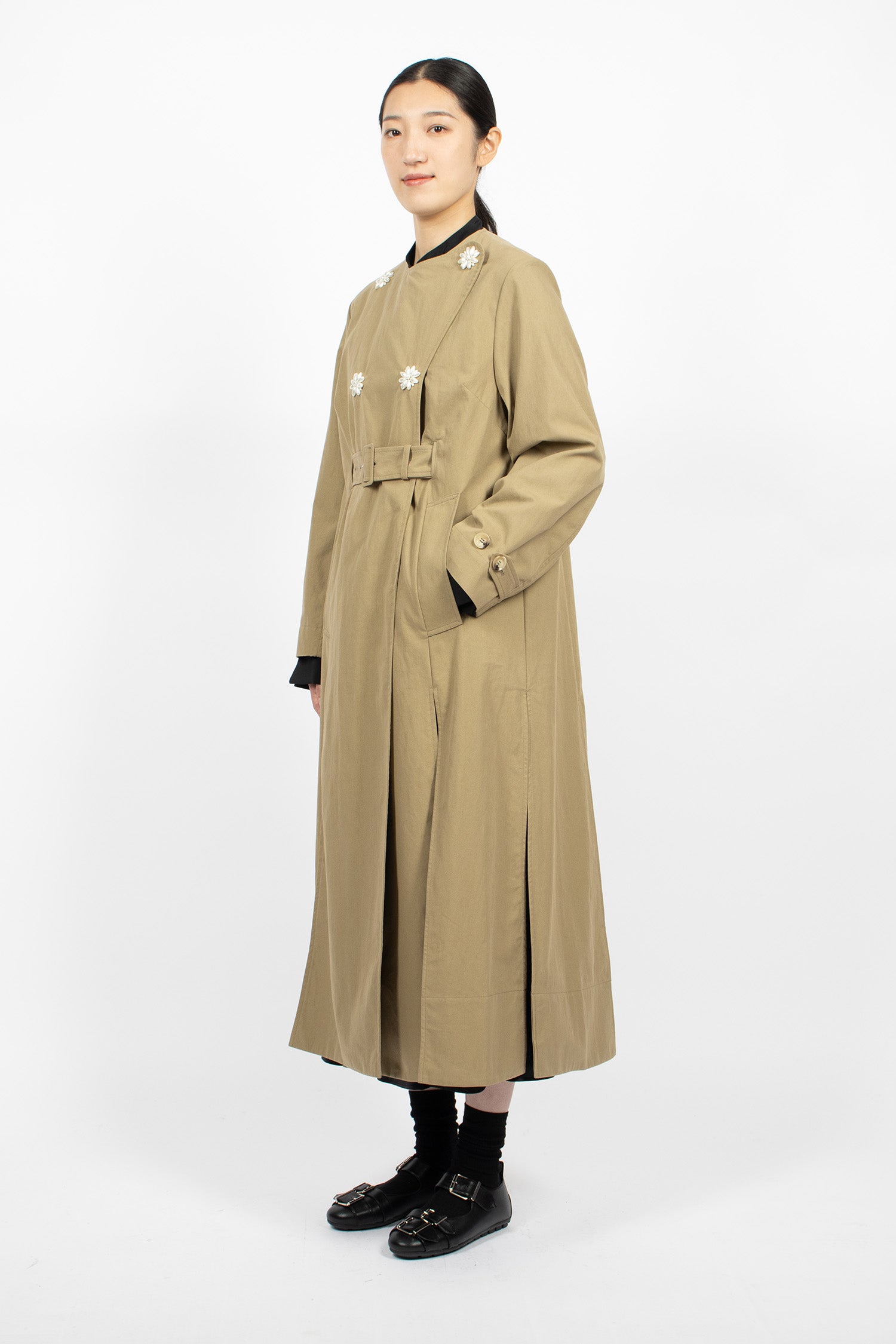 Belted Long Multi Slit Trench Coat Stone/Pearl