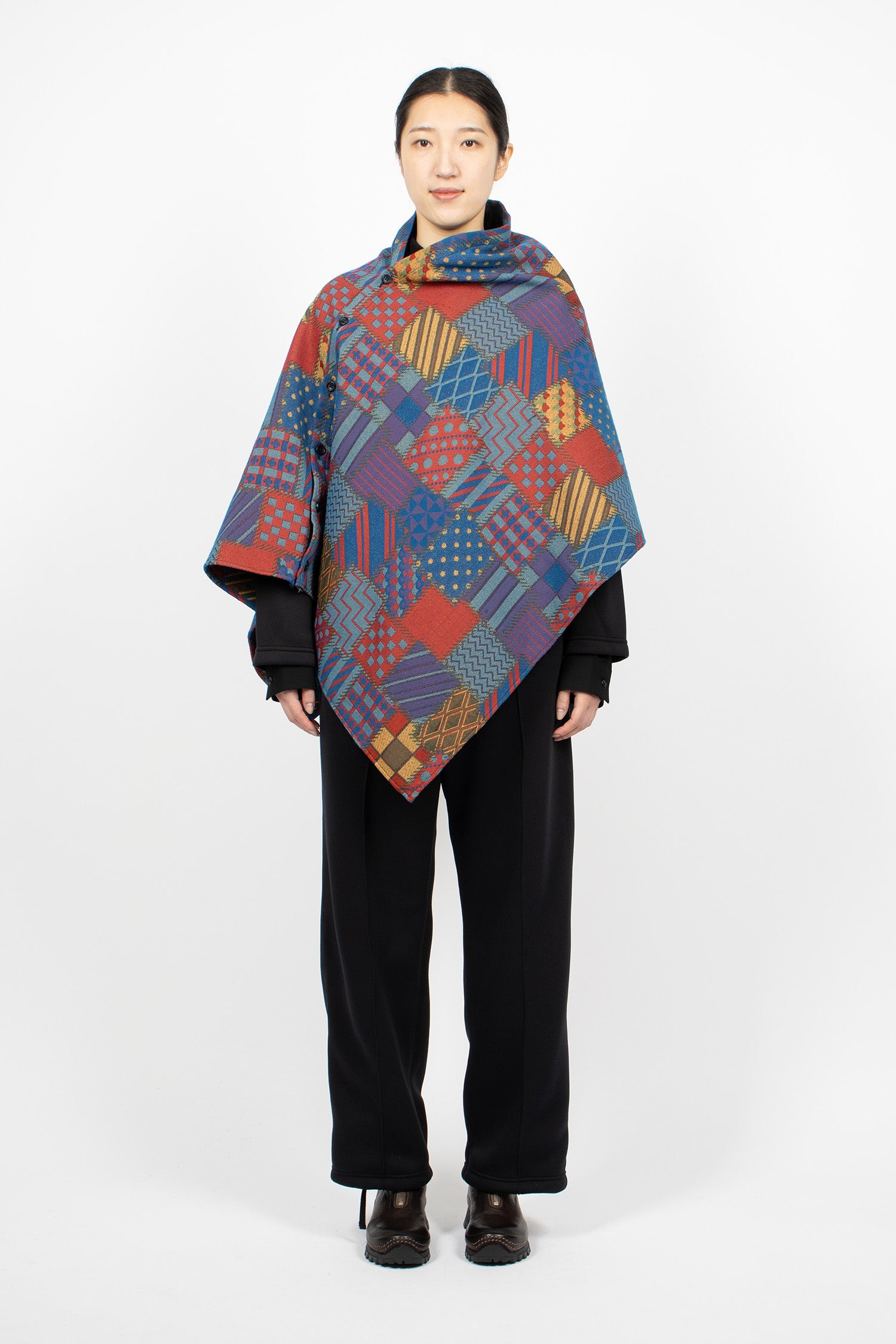 Button Shawl Multicolour Geometric Jacquard