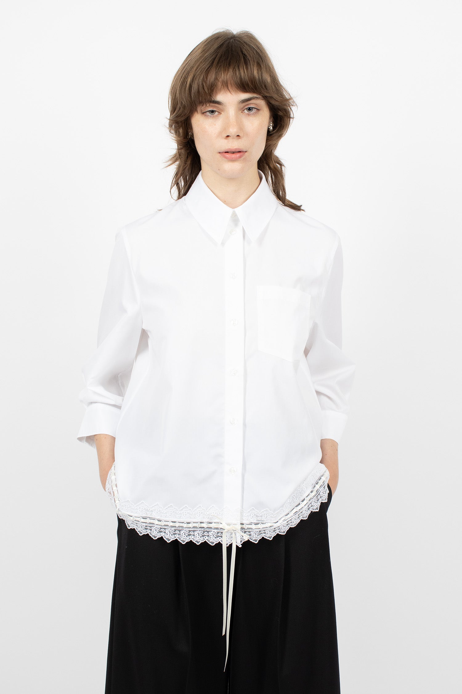 Cropped Ribbon Trim Masculine Shirt White