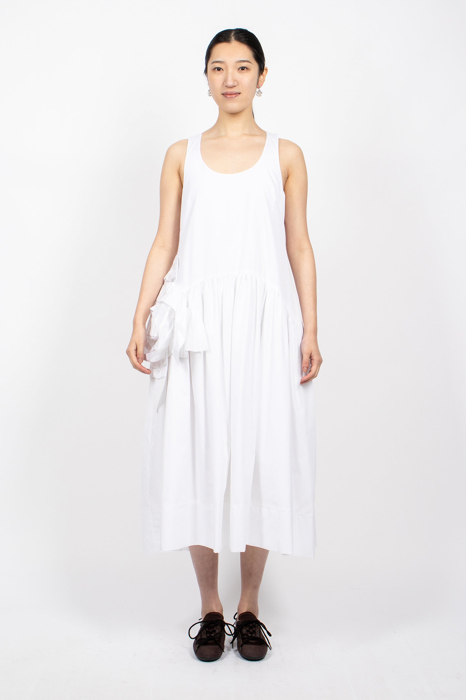 Pressed Rosette Tapered Back Flounce Dress White