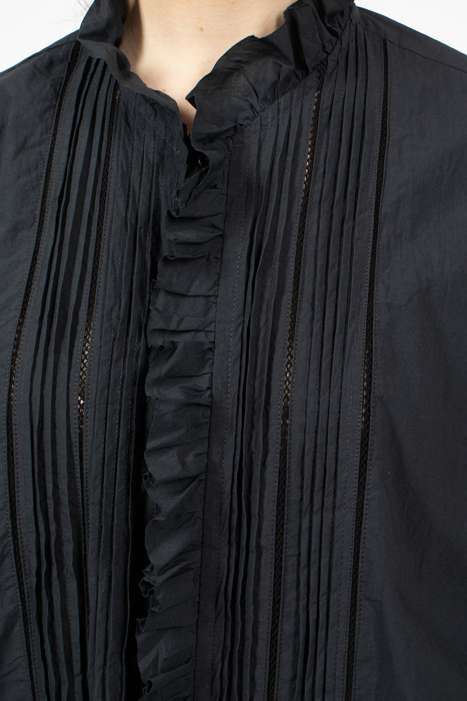 Lace Pin Tuck Ruffle Shirt Black Navy