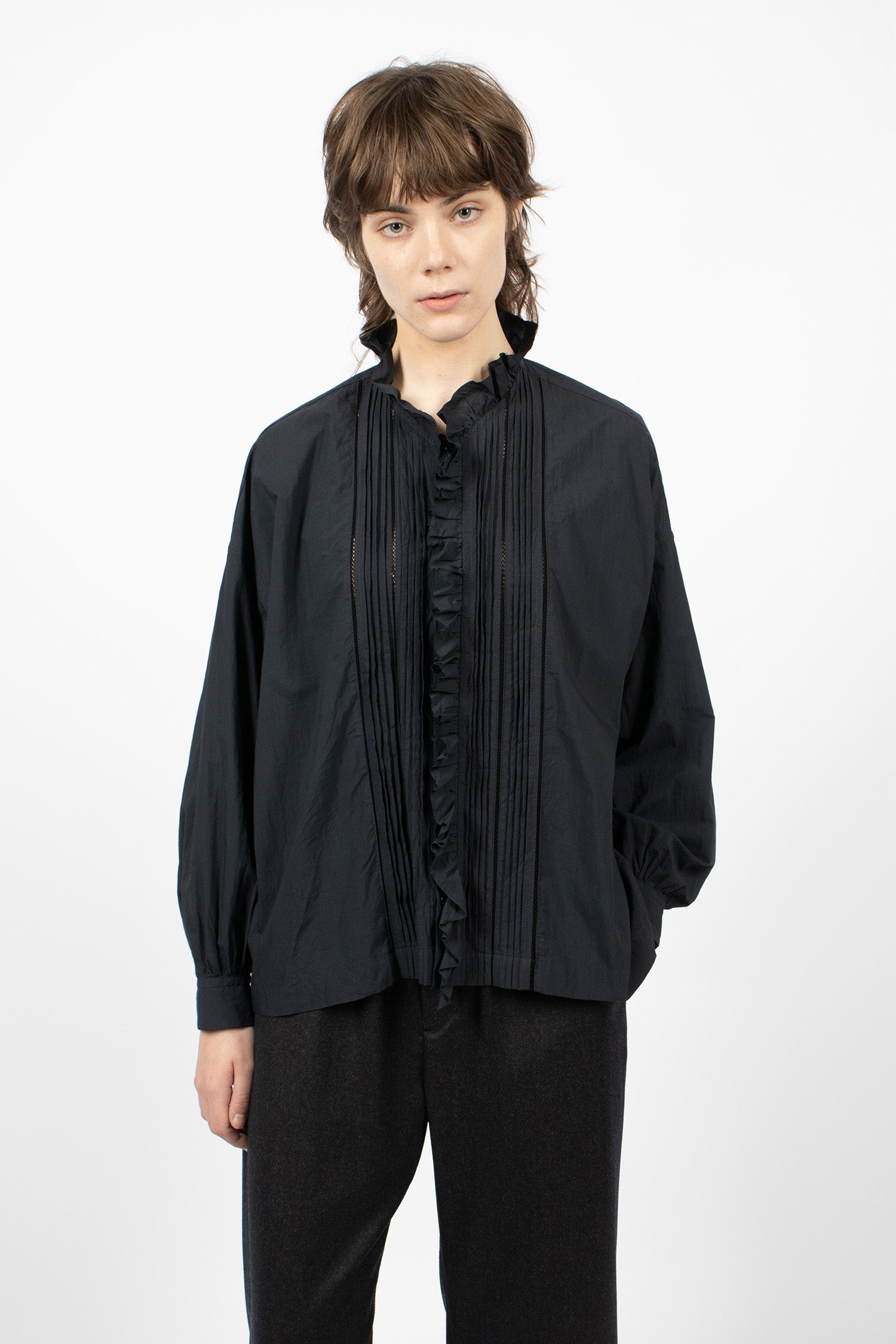 Lace Pin Tuck Ruffle Shirt Black Navy