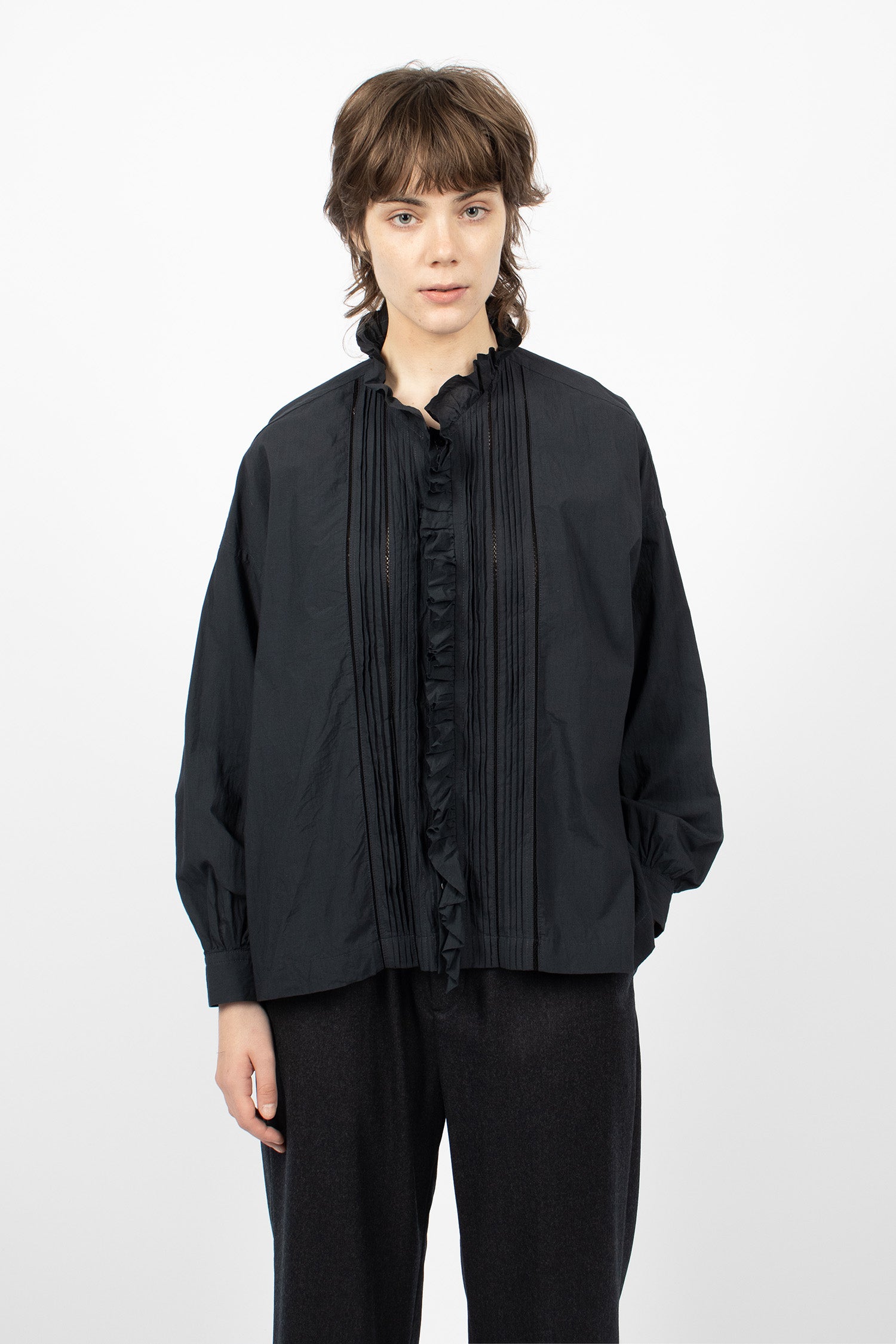 Lace Pin Tuck Ruffle Shirt Black Navy