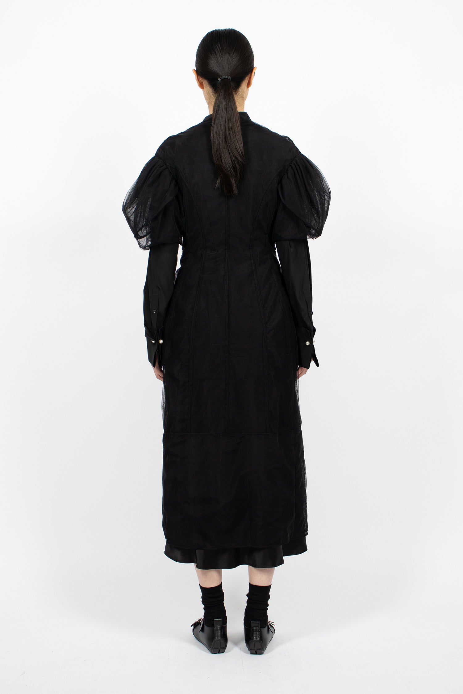 Sheer Sculpted Petal Sleeve Biker Dress Black