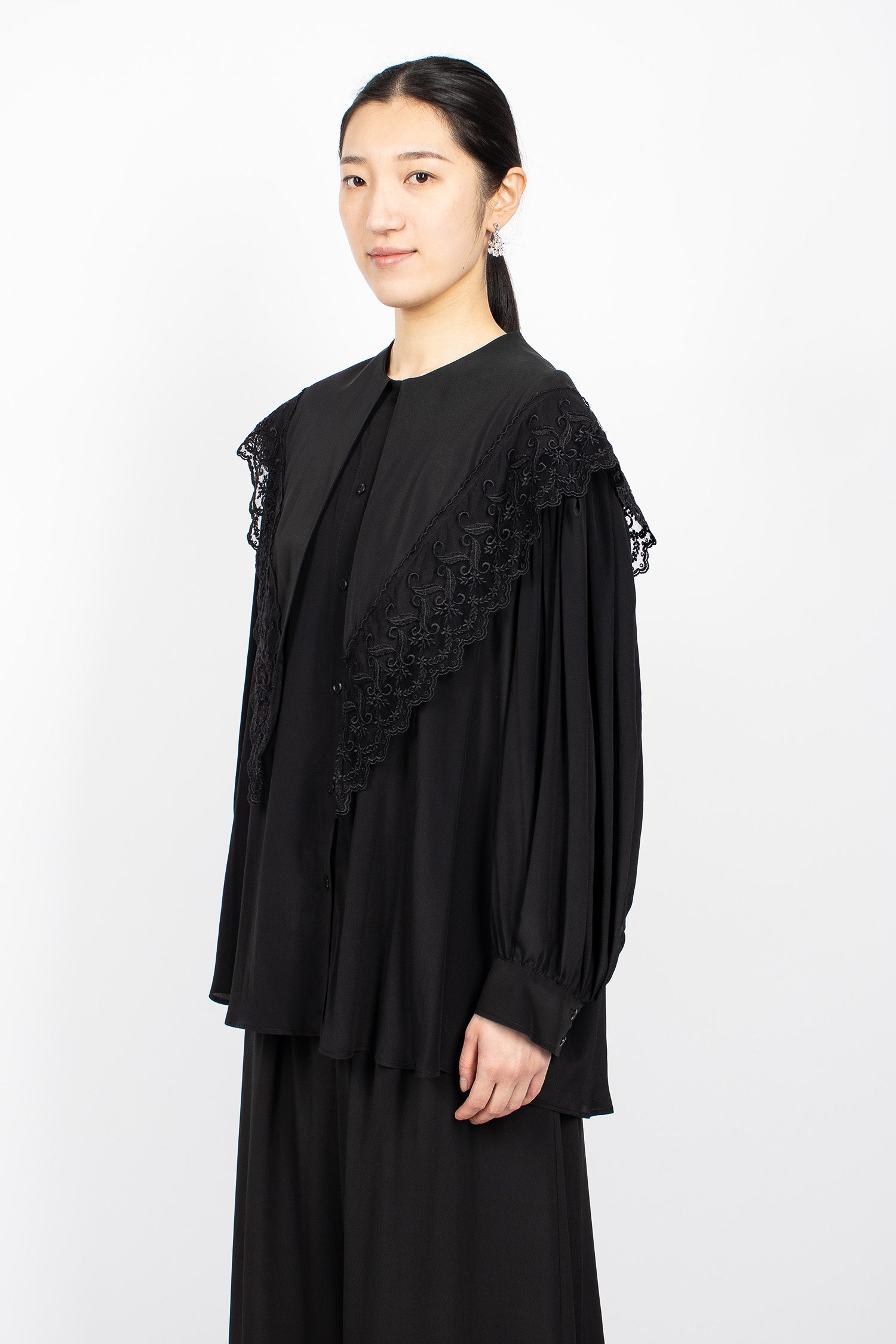 Pointed Collar Lace Trim Shirt Black