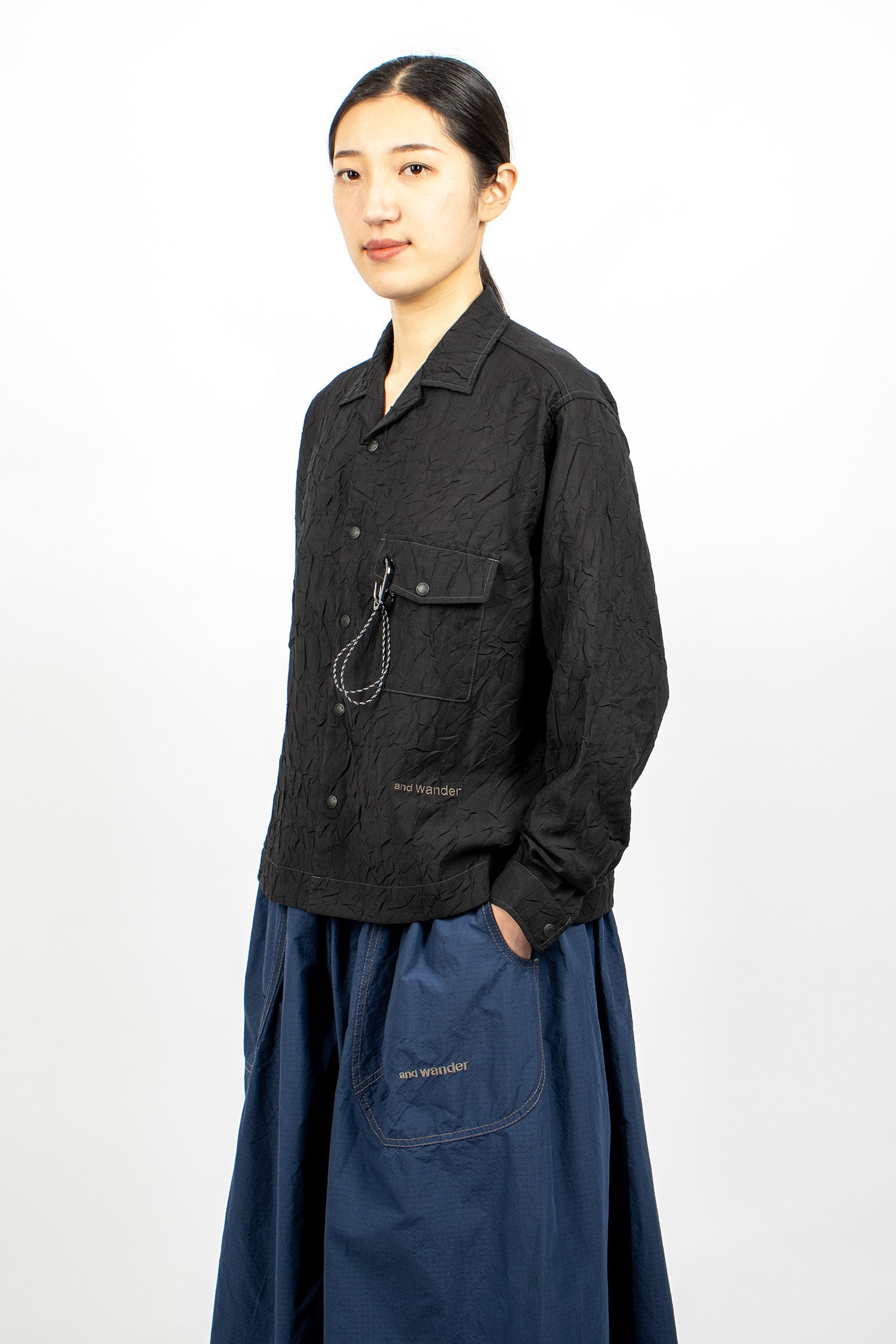 Washer Pleated Open LS Shirt Black