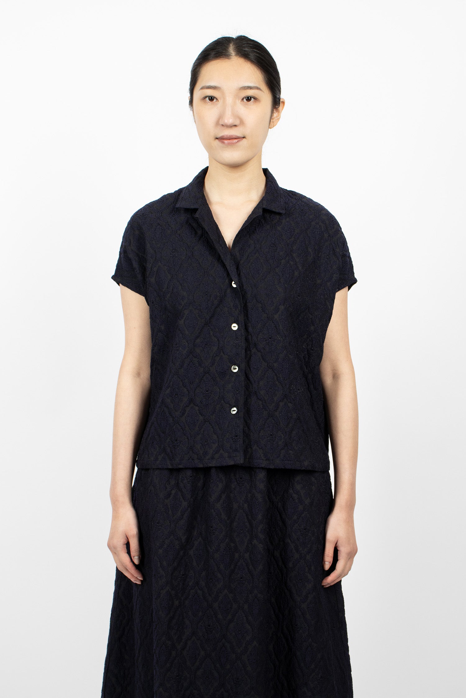 French Sleeve Blouse Dark Navy/Victorian Jacquard