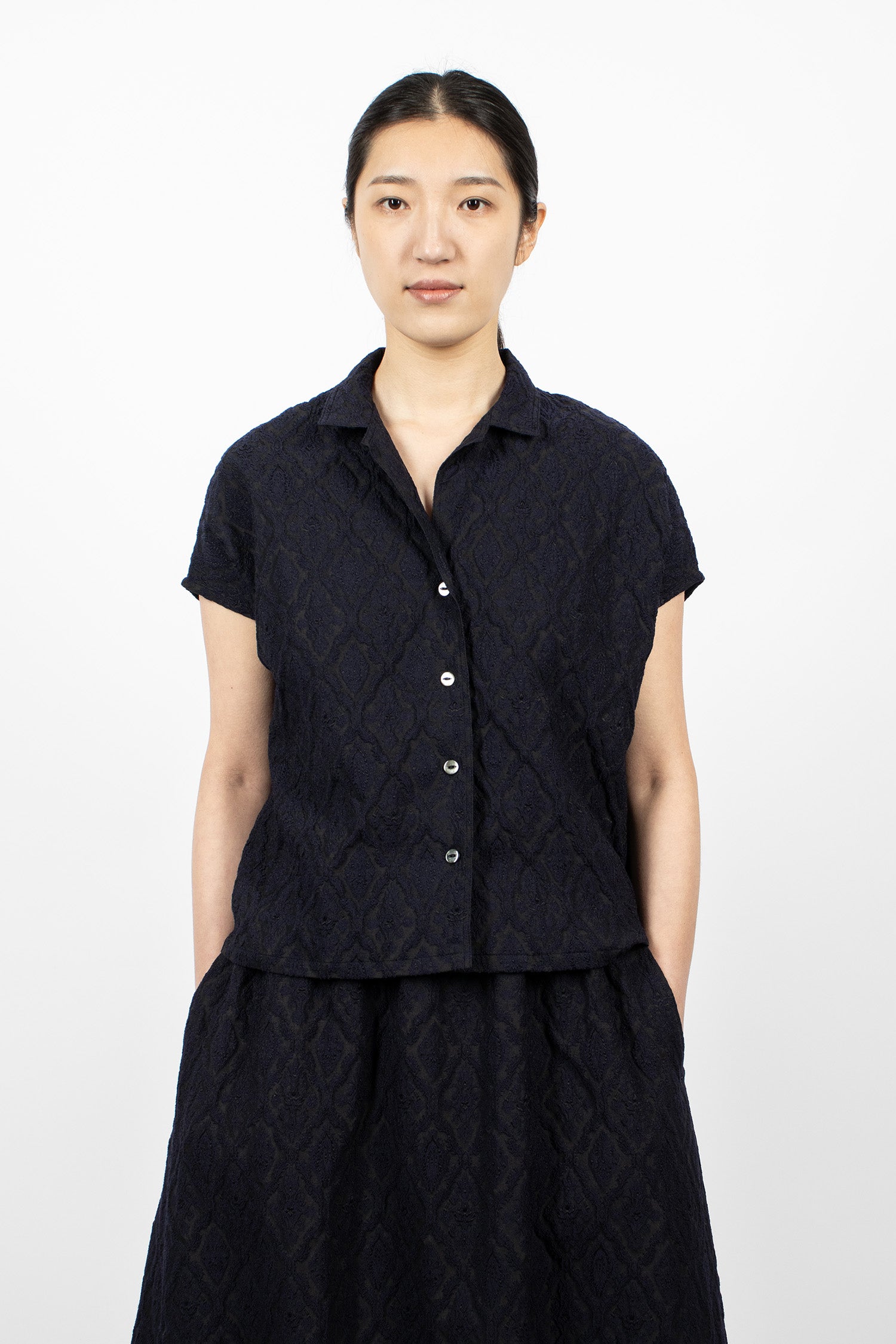 French Sleeve Blouse Dark Navy/Victorian Jacquard