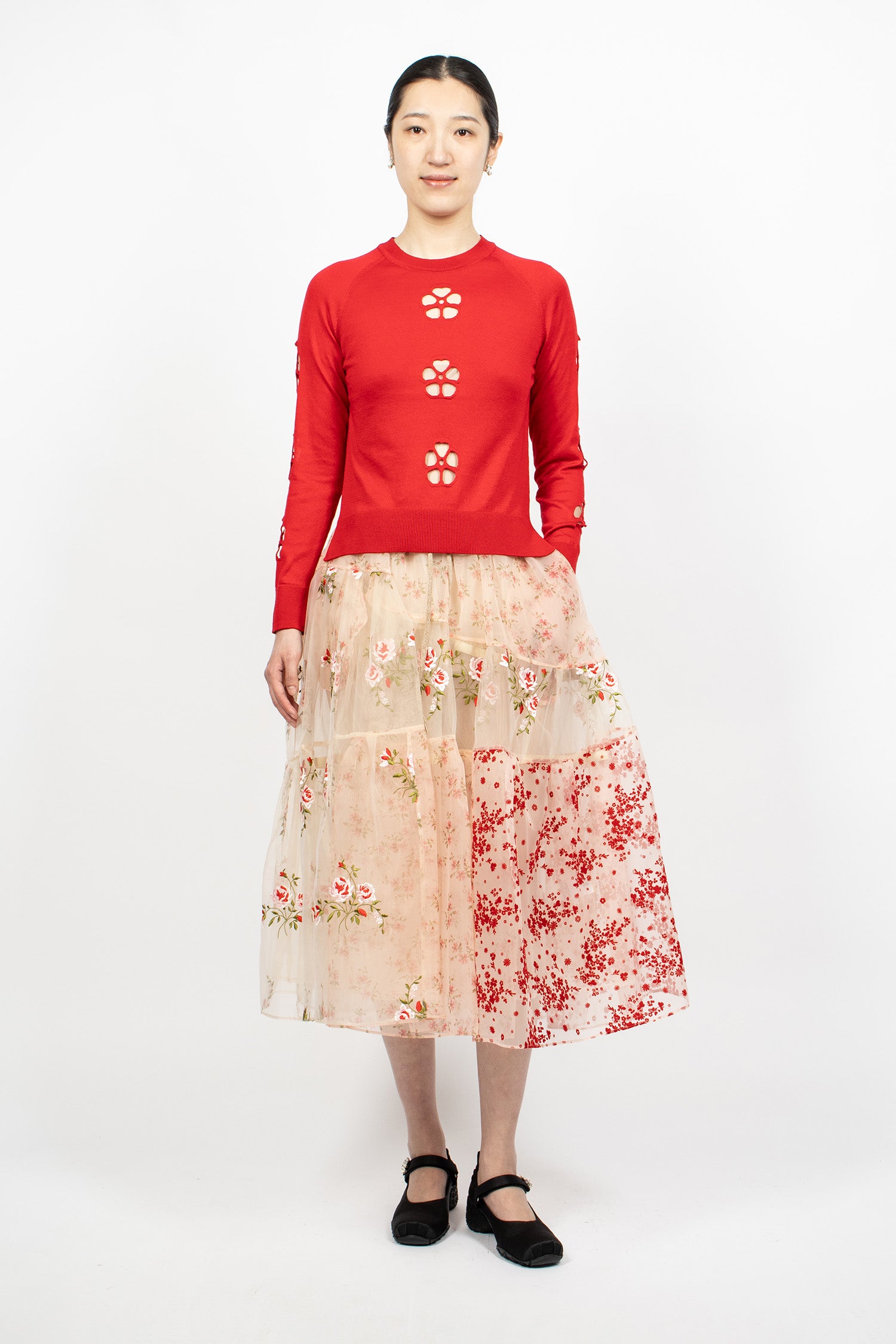 Sheer Overlay Long Patchwork Flounce Skirt Nude Patchwork/Taupe