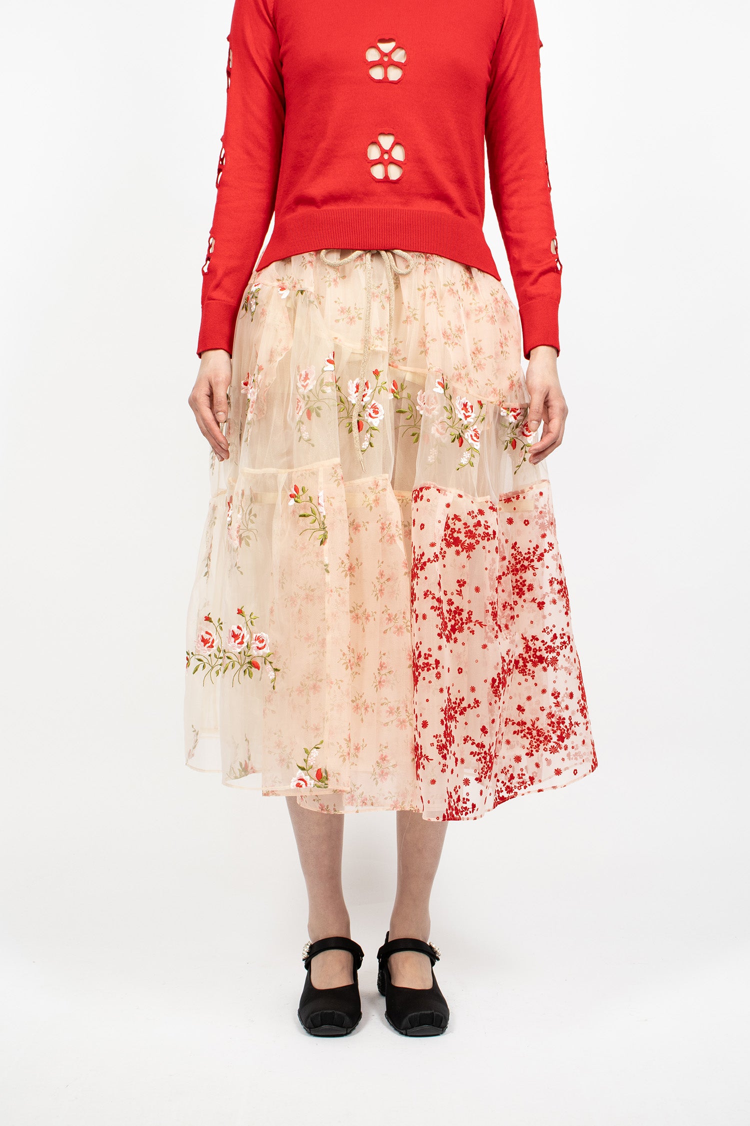 Sheer Overlay Long Patchwork Flounce Skirt Nude Patchwork/Taupe