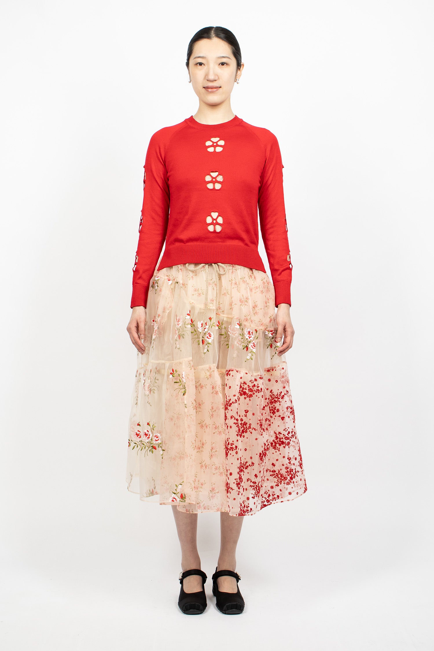 Sheer Overlay Long Patchwork Flounce Skirt Nude Patchwork/Taupe