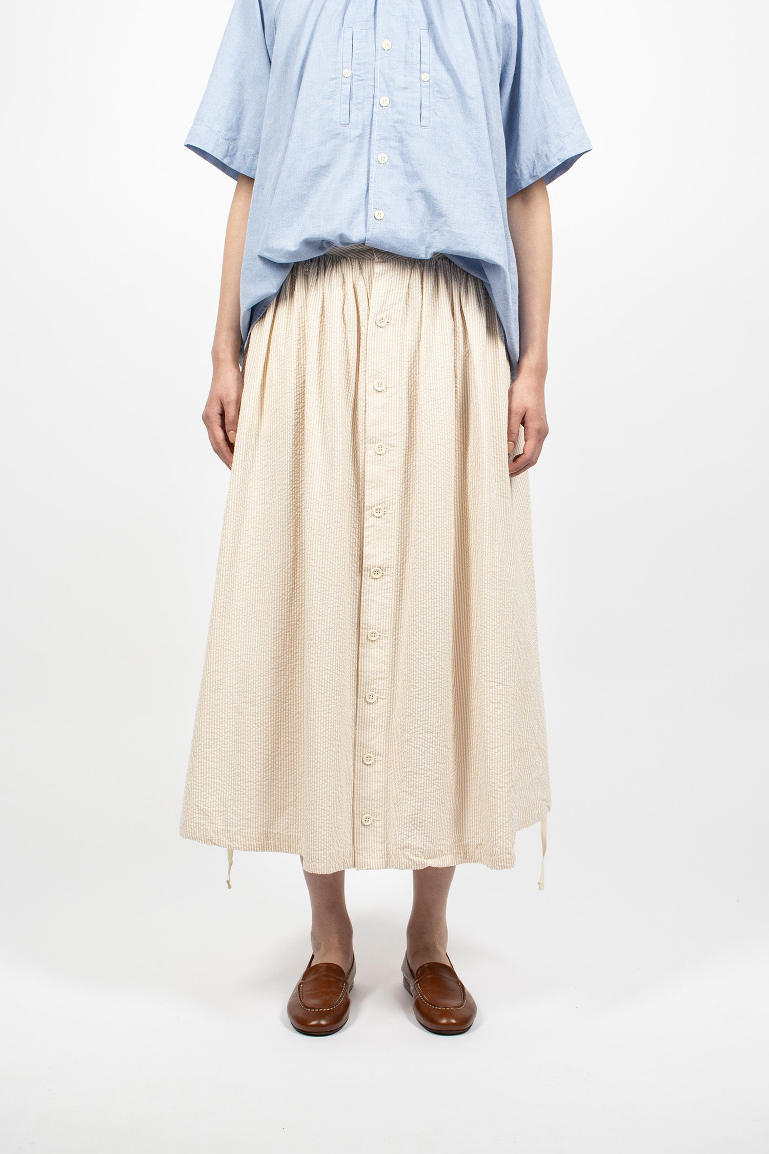 Gathered Seersucker Skirt Beige Stripe