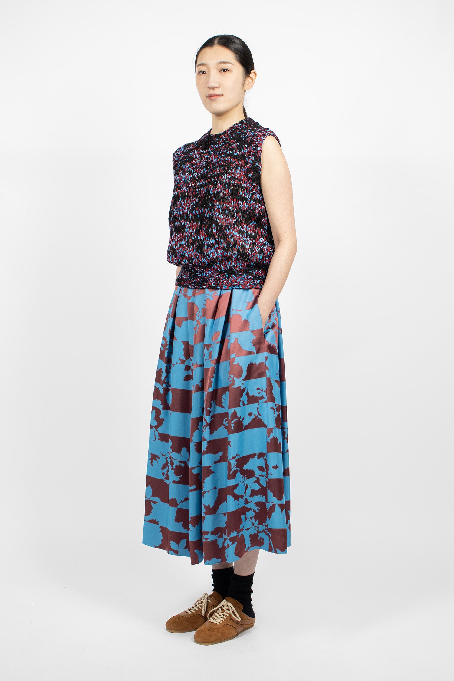 Floral Jacquard A-Line Skirt Blue